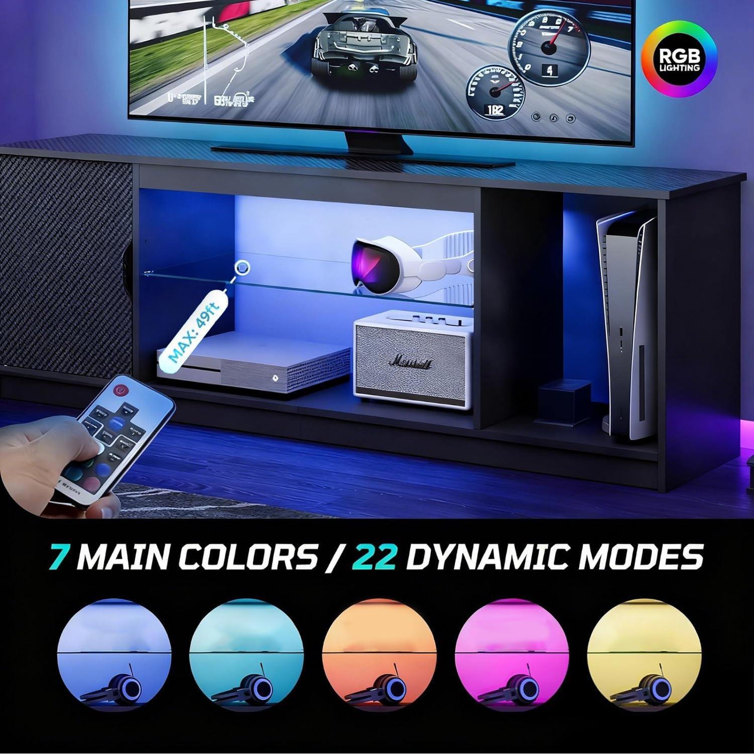 Bestier 57" LED TV Stand for 55/60/65 Inch TVs - Gaming Entertainment Center with RGB Lights, Adjustable Glass Shelves & Cabinet for PS5/Xbox, Modern Black TV Console for Living Room