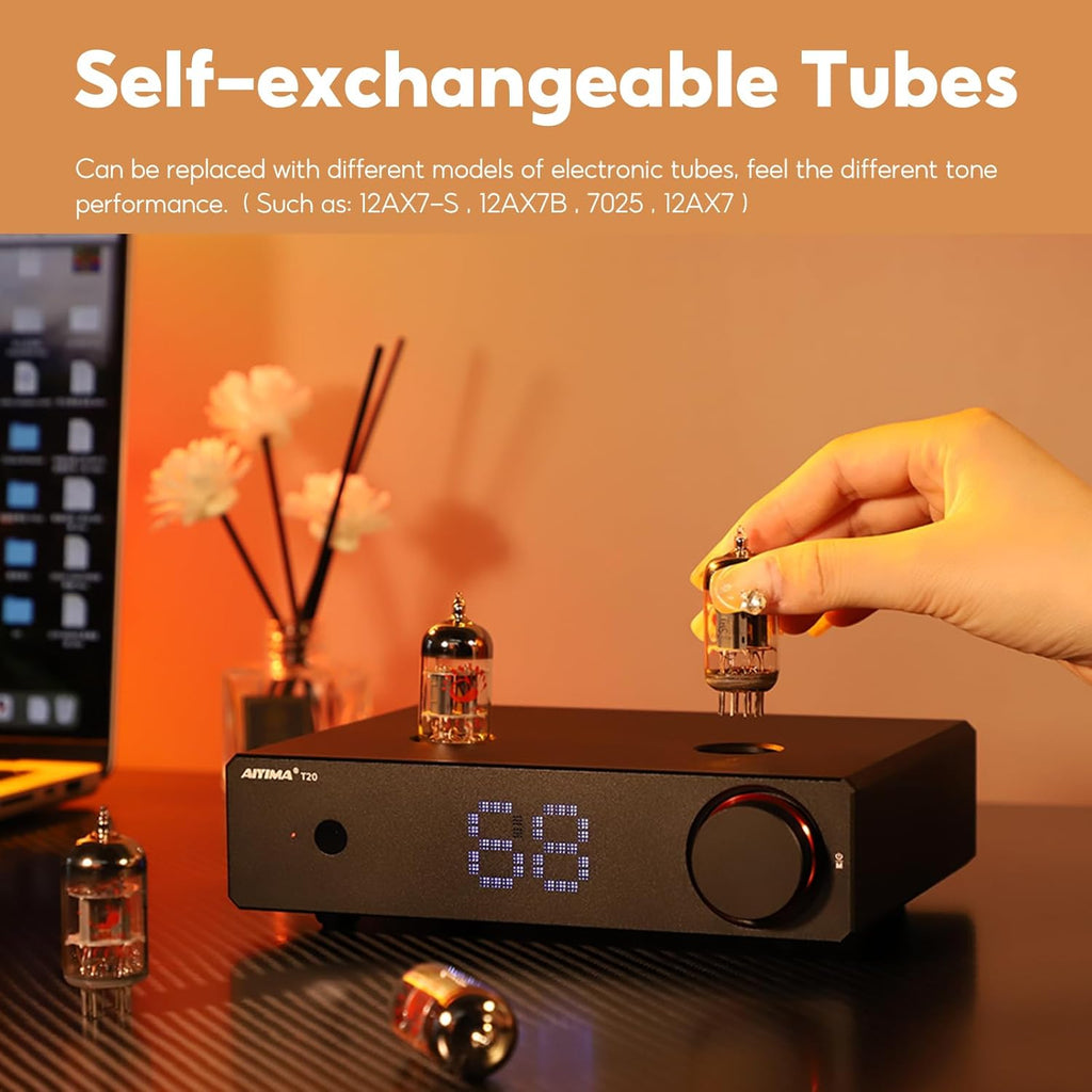 AIYIMA T20 Fully Balanced Tube Preamp for Home Audio - ECC83 Tube Design, Swappable Op-Amps & Tubes, XLR/RCA Inputs/Outputs, Pre-Amp for 2 Channel Stereo Hi-Fi Amplifier & 2.1 Theater Setup