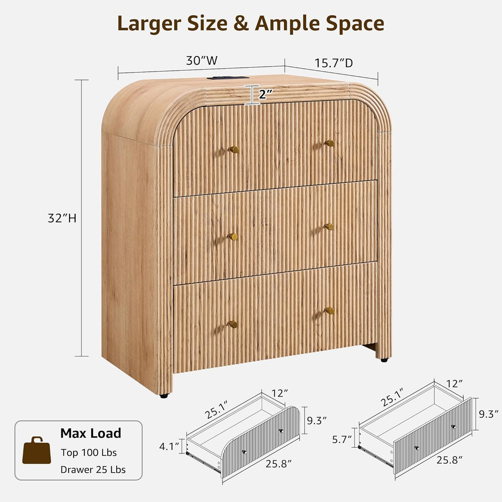 T4TREAM 32" Fluted Nightstand Set of 2, Large 3 Drawers Bedside Table with Charging Station, Modern End Table with Storage Night Stand for Bedroom, Living Room, Round Curved Corner Design, Natural Oak