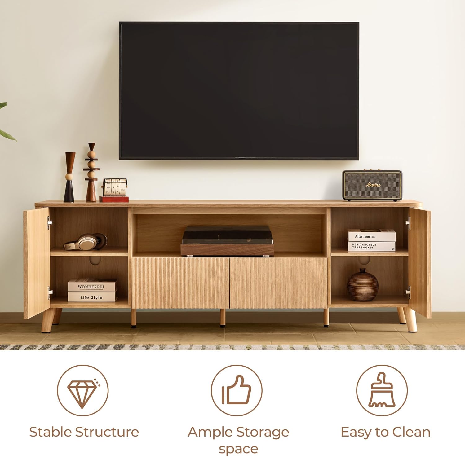 CHITA TV Stands for Living Room, Mid Century Modern TV Stand for 80 inch TV with Storage, Drawers, Adjustable Shelves, Oak