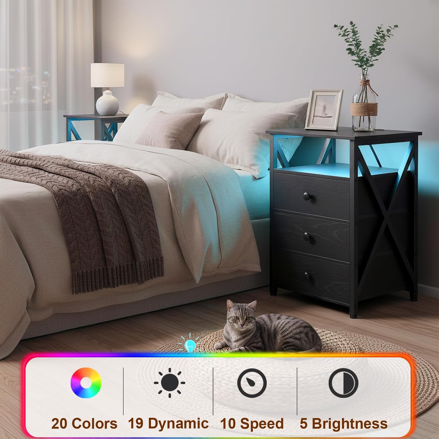 AMHANCIBLE Night Stand Set 2, LED Nightstand with Charging Station, End Side Tables with USB Port & Outlet, Bedside Table with Fabric Drawers for Bedroom, Black, HET053LBK