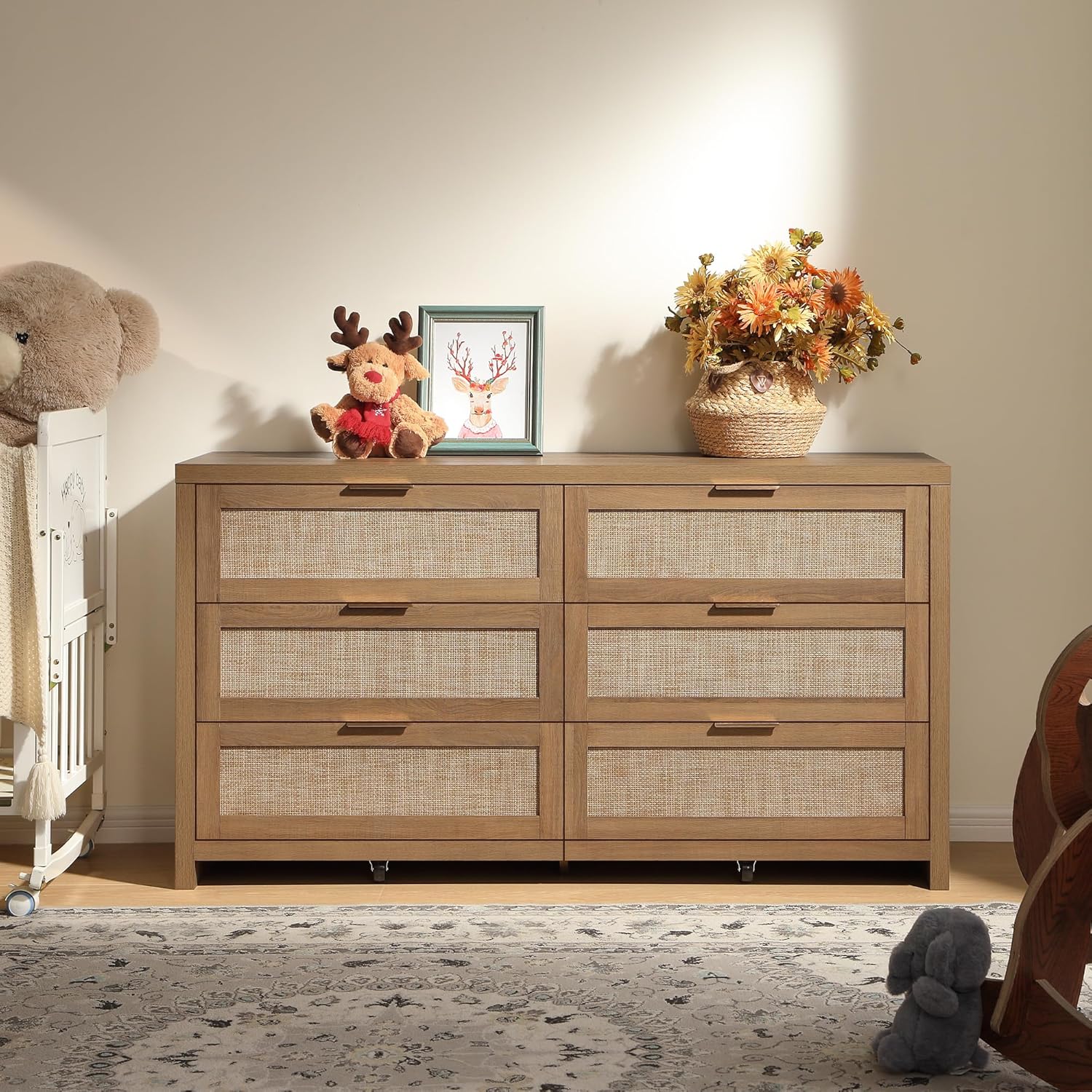 SICOTAS Rattan Dressers for Bedroom Set 2, Large 6 Drawer Dresser Long Chest of Drawers, Dresser Farmhouse TV Stand for Bedroom, Living Room, Nursery, Closet (Reclaimed Caramel Oak, 2 Pieces)