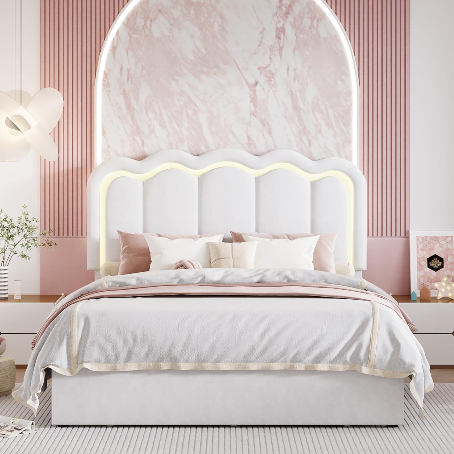 SHA CERLIN Upholstered Queen Size Bed Frame with LED Lights and Large Storage Drawer, Velvet Platform Bed with Adjustable Wavy Headboard, Noise Free, Easy Assembly, No Box Spring Needed, Soft White