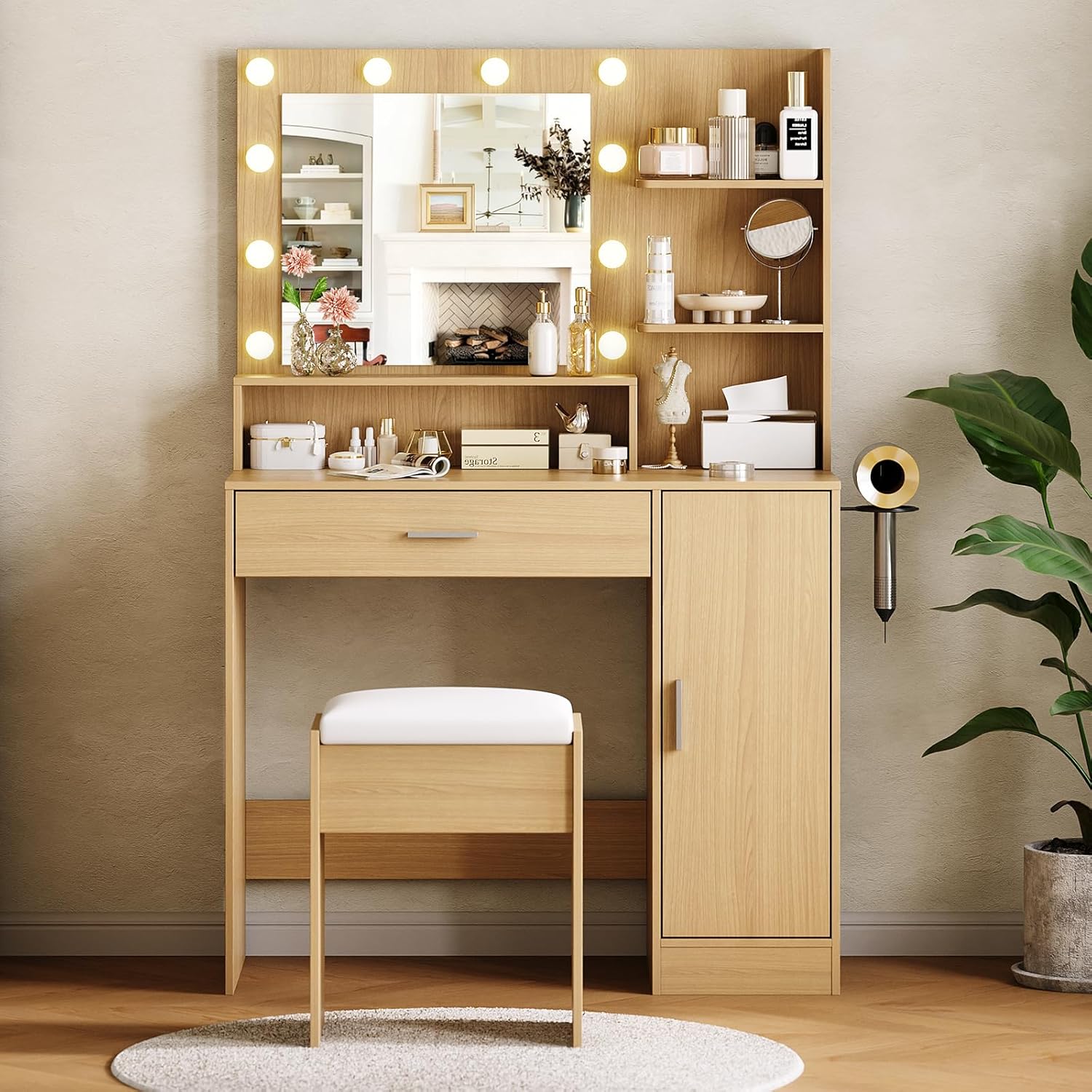 Garvee Vanity Desk with Mirror and Light, Makeup Dressing Table with Large Drawers and 3-Level Storage Dresser, 3 Lighting Modes Adjustable Brightness, Modern Vanity Set for Bedroom, Natural
