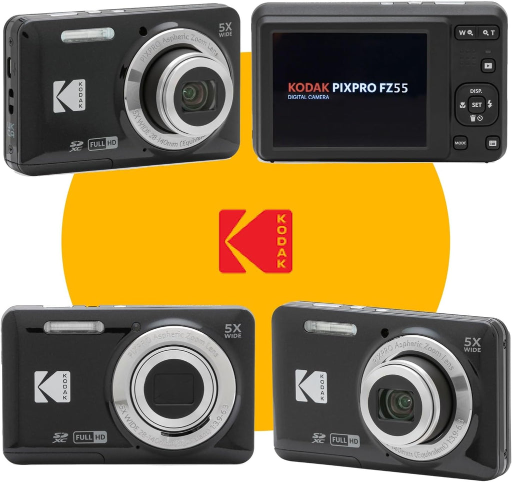 KODAK PIXPRO FZ55 16MP Digital Point & Shoot Camera, 5X Optical Zoom, 28mm Wide Angle, 1080P Full HD Video, Bundle with 32GB SD Card, Protective Case, and Hi-Speed Card Reader (Black)