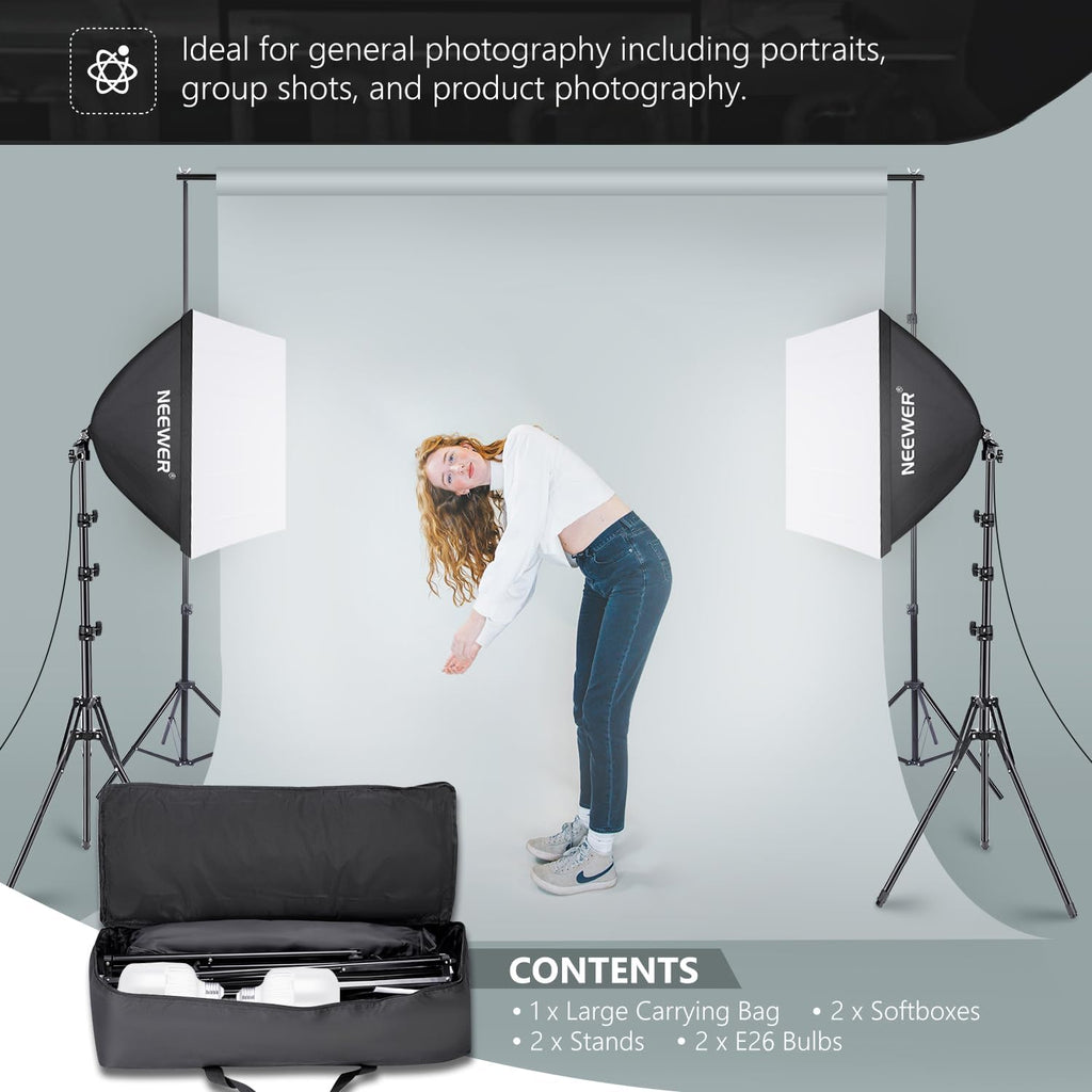 NEEWER 700W Equivalent Softbox Lighting Kit, 2Pack UL Certified 5700K LED Lighting Bulbs, 24x24 inches Softboxes with E26 Socket, Photography Continuous Lighting Kit Photo Studio Equipment