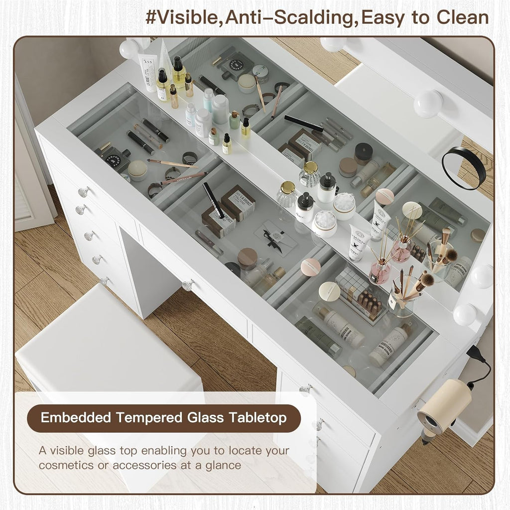 Yanosaku Vanity Desk & Power Outl, Makeup Vanity with Mirror and 12 LED Lights, Makeup Table with 11 Drawers, Vanity Table with Chair,Set 3 Lighting Modes Brightness Adjustable-(White)
