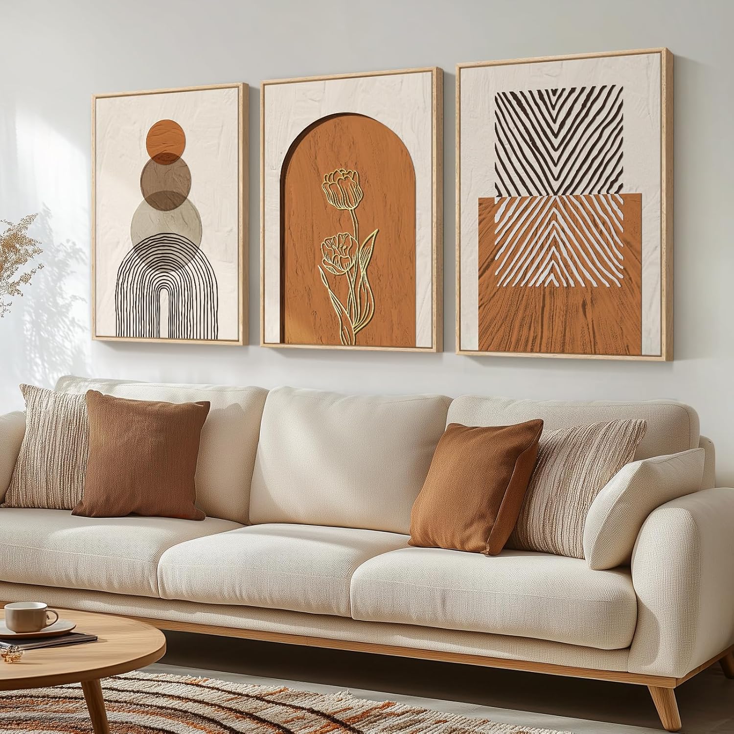 Large Framed Boho Abstract Wall Art for Living Room, 3 Piece Neutral Orange Paintings Prints Canvas Artwork for Walls, Modern Geometric Bohemian Pictures Wall Decor for Bedroom Home Office, 20x30 Inch