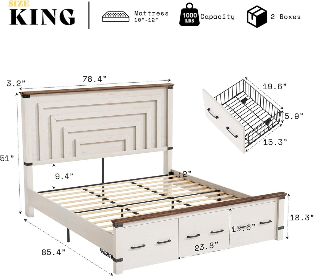 AMERLIFE Farmhouse 2-Pieces Wood Bedroom Set, Including Rustic King Size Bed Frame with 51" Tall Headboard, 6 Drawers Large Dresser Chests, Heavy-Duty Thick Plank Styling, Antique White
