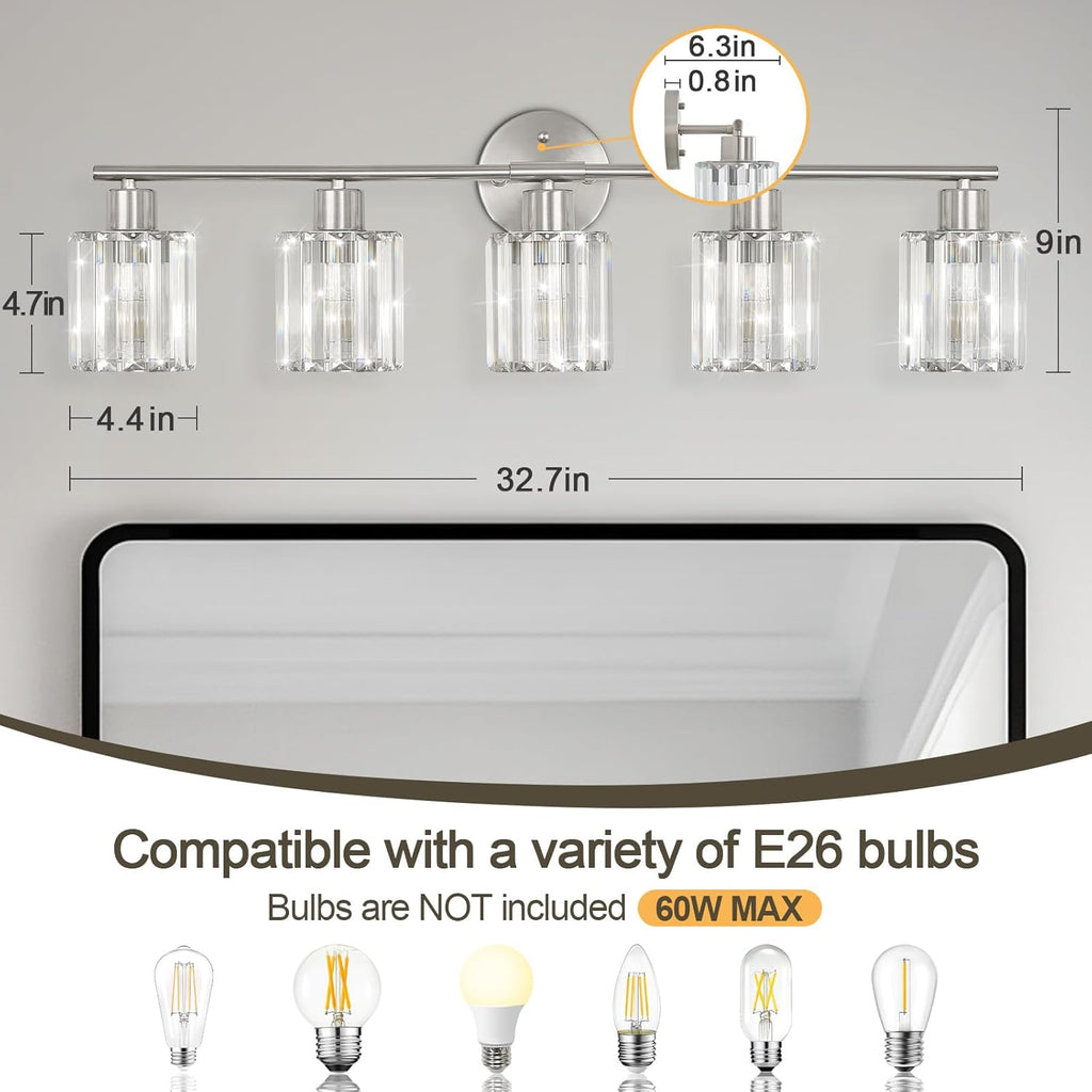 Crystal Bathroom Light Fixtures,Bathroom Lighting Fixtures Over Mirror, Modern 5-Light Brushed Nickel Vanity Lights for Mirror, Restroom,Kitchen(Ceramic E26 Socket,Bulbs Not Include)