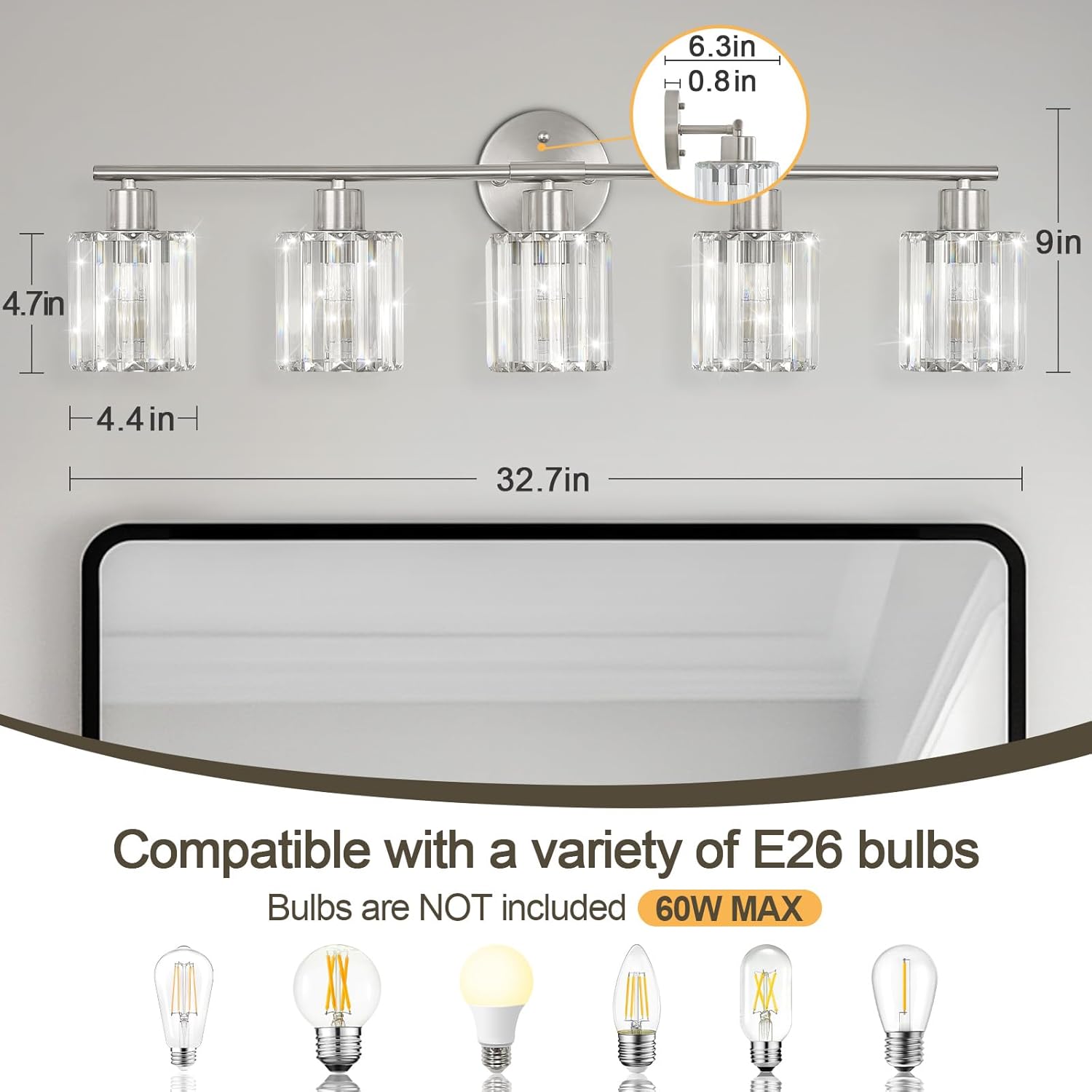 Crystal Bathroom Light Fixtures,Bathroom Lighting Fixtures Over Mirror, Modern 5-Light Brushed Nickel Vanity Lights for Mirror, Restroom,Kitchen(Ceramic E26 Socket,Bulbs Not Include)