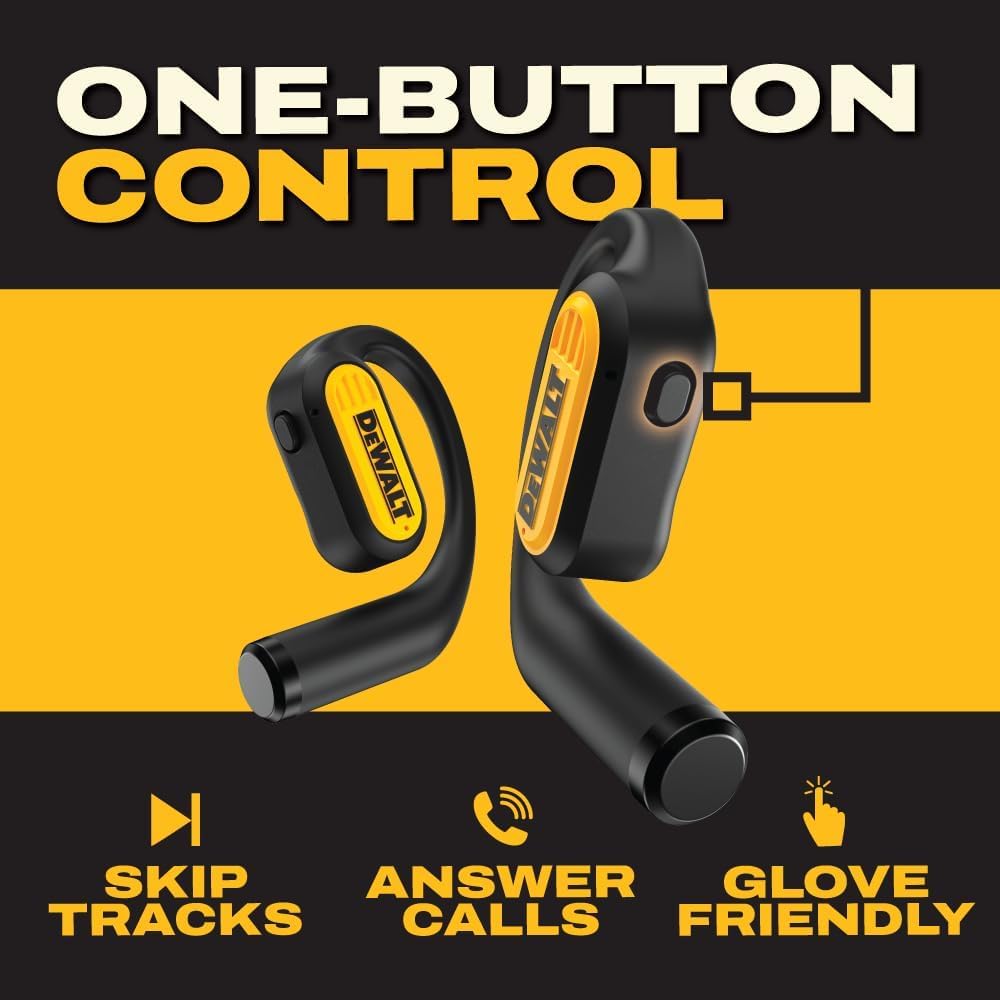 DEWALT Heavy Duty Open Ear Headphones, Bluetooth 5.3 Wireless Earbuds IP55, 44Hrs Runtime, Jobsite Premium Sound True Wireless Air Conduction Open Ear Earbuds with Earhooks for Worksites and Workouts