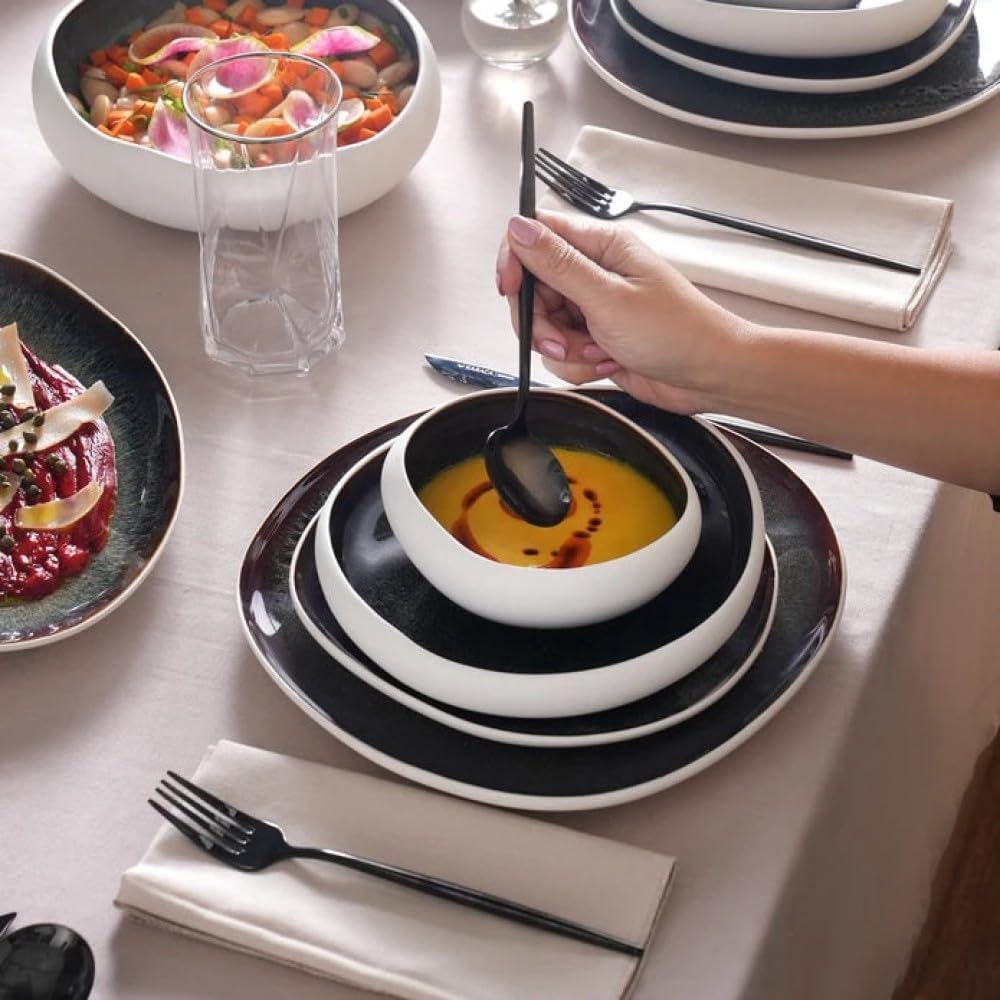 Karaca Earth Collection Galactic 55 Piece Dinner Set for 12 People – Reactive Glaze Stoneware Dinnerware Set, Modern White Tableware, Durable Plates & Bowls Set