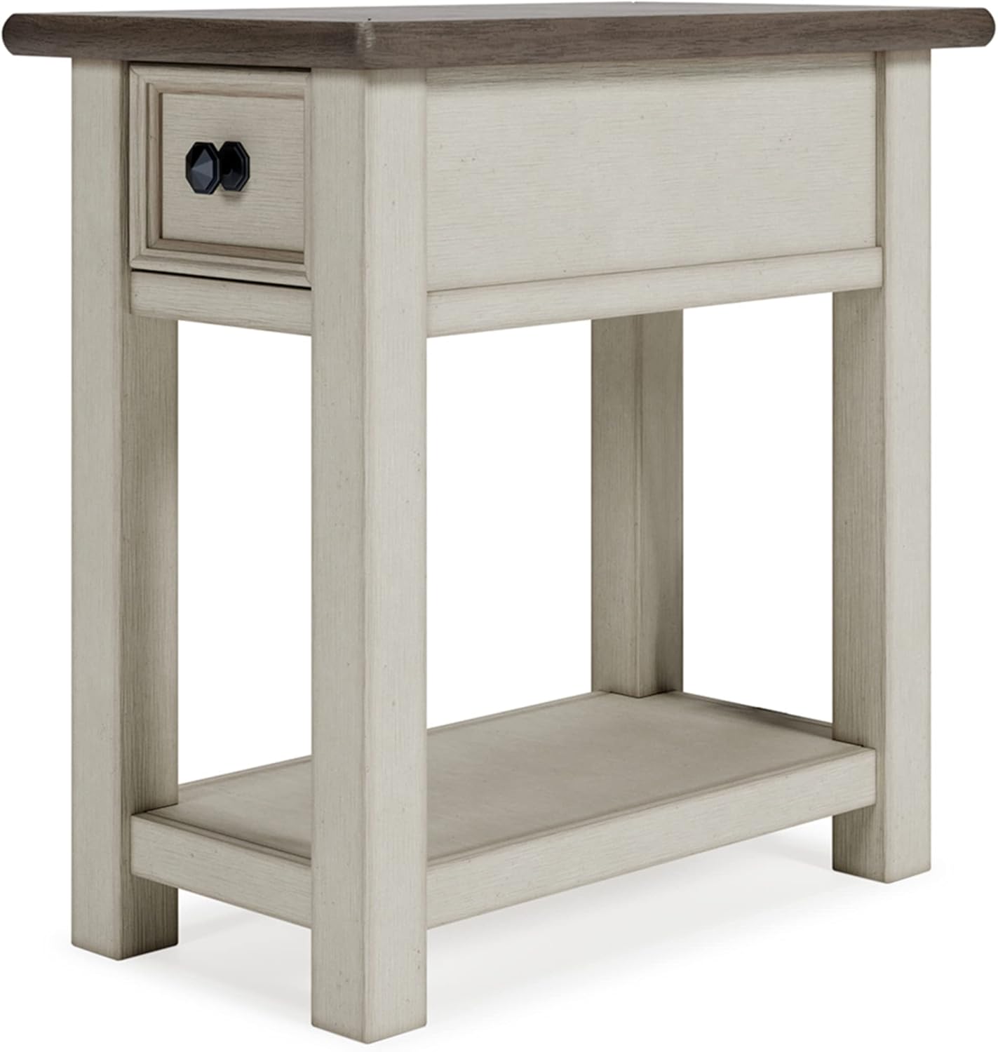 Signature Design by Ashley Bolanburg Chairside End Table With Charging Station, Two-Tone Wood Accent Table With Drawer Storage, Plank Top Design for Living Room or Bedroom, Antique White