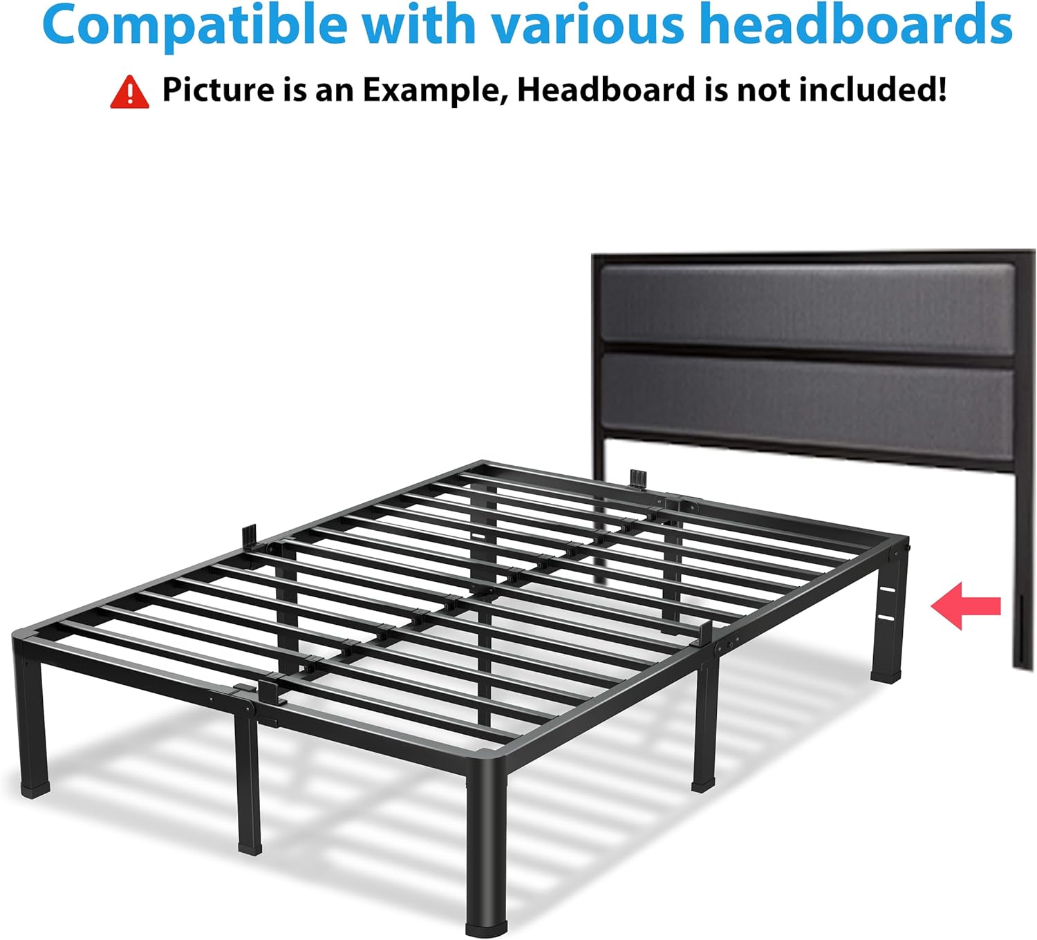 VIPSHOW 18 Inch Queen Bed Frame, 3500Lbs Heavy Duty Metal Platform with Round Corner Legs Mattress Slide Stopper, Steel Slat Support No Box Spring Needed, Noise Free, Non-Slip, Easy Assembly