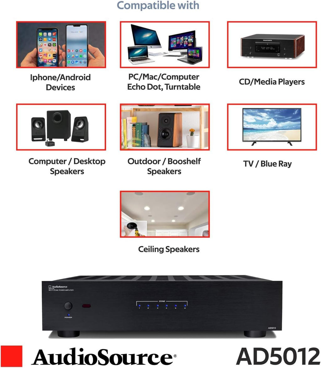 AudioSource Digital Amplifier, 12 Channel Stereo Versatility D Amplifier AD5012 for Home Sound Systems