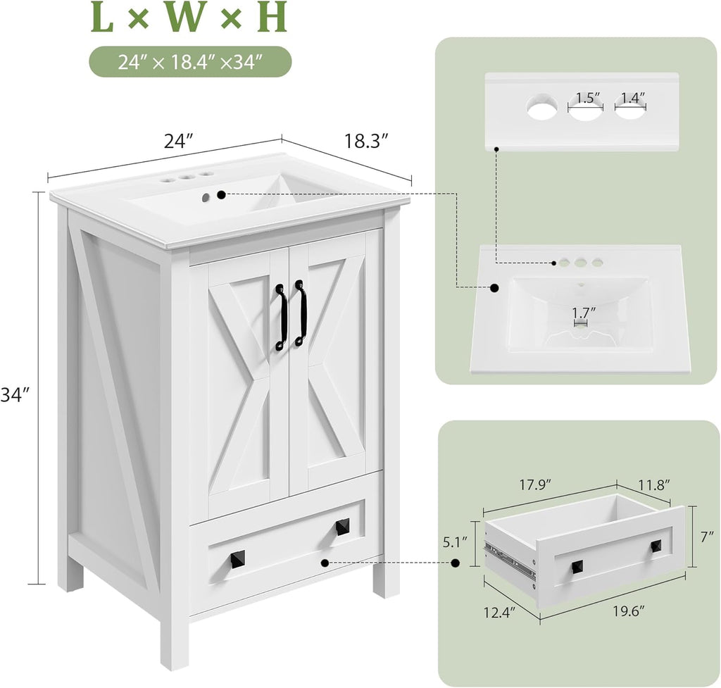 Garvee 24" Bathroom Vanity with Ceramic Sink, Freestanding Vanity with Soft-Close Doors & Storage Drawer, Modern Bathroom Sink Cabinet for Small Space, White