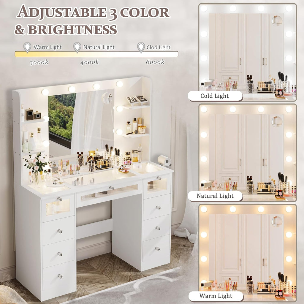 White Vanity with Lighted 23.5” Mirror, Glass Top Vanity Desk with 9 Drawers & 3 Color Hollywood Bulbs & 4 Shelves & Acrylic & Power Outlet, Makeup Desk Dressing Table for Bedroom