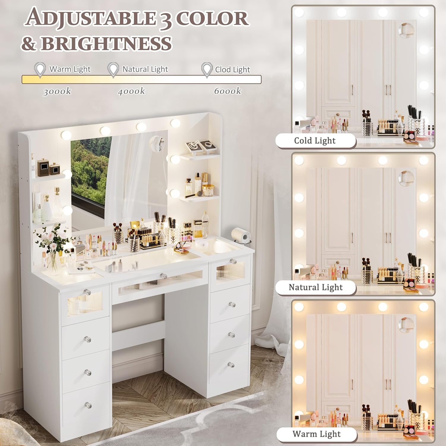 White Vanity with Lighted 23.5” Mirror, Glass Top Vanity Desk with 9 Drawers & 3 Color Hollywood Bulbs & 4 Shelves & Acrylic & Power Outlet, Makeup Desk Dressing Table for Bedroom