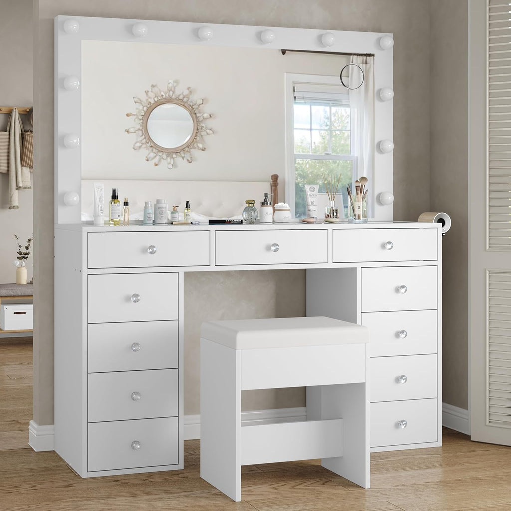 Yanosaku Vanity Desk & Power Outl, Makeup Vanity with Mirror and 12 LED Lights, Makeup Table with 11 Drawers, Vanity Table with Chair,Set 3 Lighting Modes Brightness Adjustable-(White)