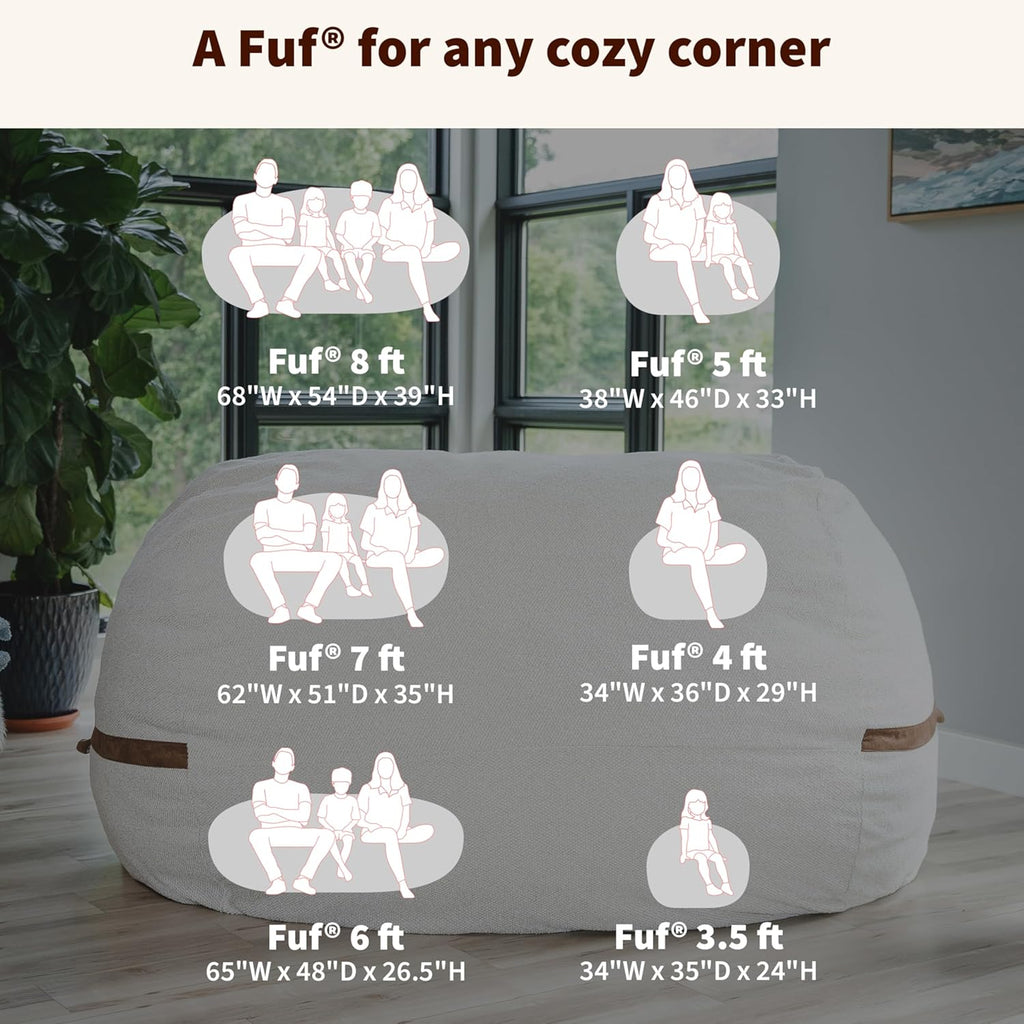Big Joe Fuf 5Ft Oversized Foam Bean Bag Chair with Removable Cover for Kids, Teens, Adults, Vanilla Latte, Corded Plush, 5 Foot Large Reading and Gaming Seat