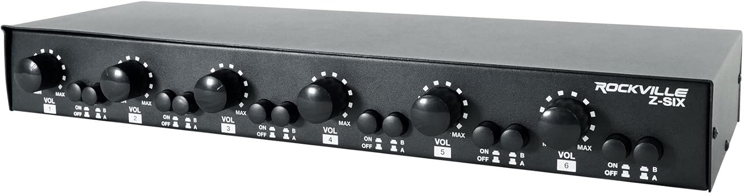 Rockville Z-SIX 300W 6-Zone Audio Zoner 8-Ohm, Multi-Room Control, Dual Source Inputs, Volume Control, for Home and Commercial Audio Systems