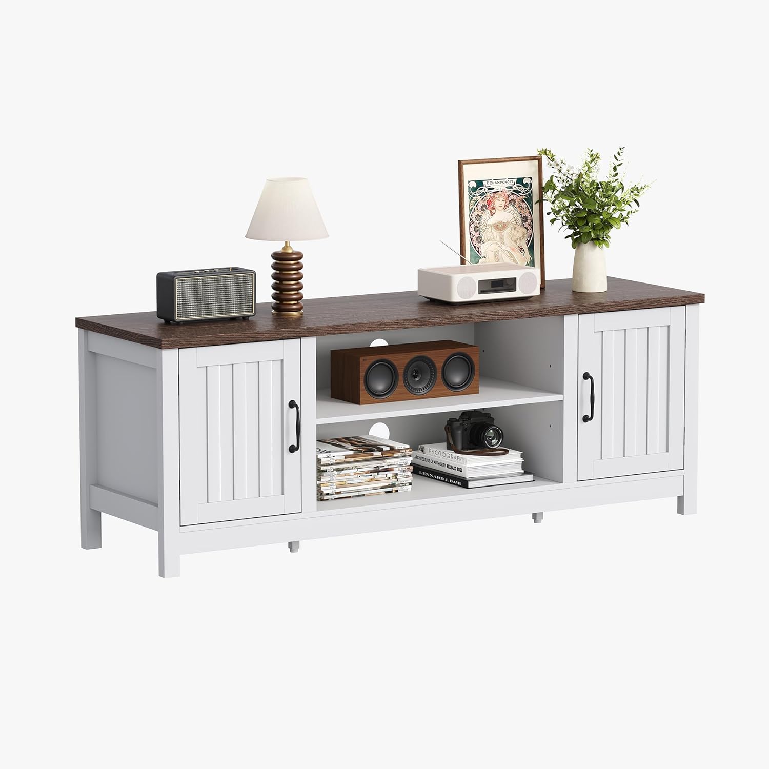 ChooChoo 54" Farmhouse TV Stand for TVs up to 65 inches, Entertainment Center with Storage Cabinets, Open Shelves and Fluted Door, TV Console Table for Living Room, Bedroom, White