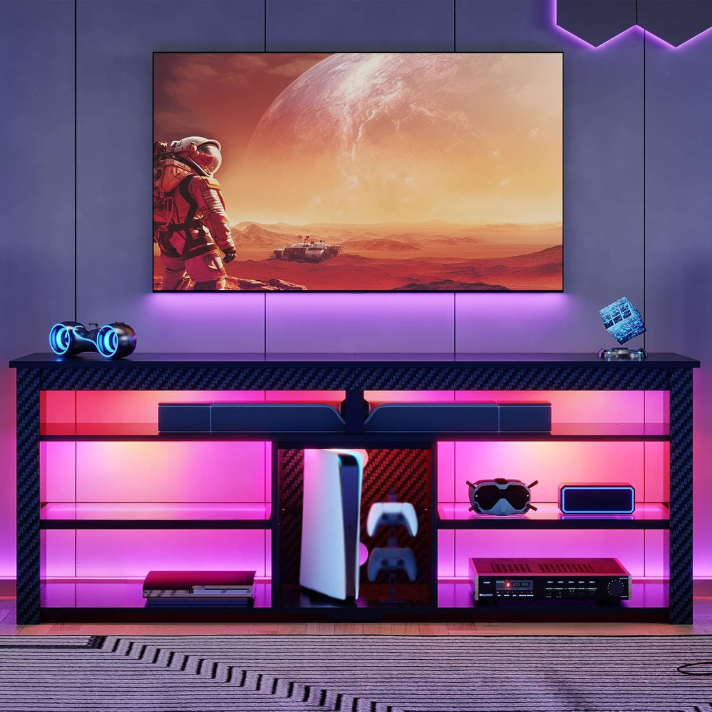 Bestier TV Stand for 70 inch TV, Tall Entertainment Center with 2 Led Lights, Gaming TV Console with Storage for PS5, Modern TV Cabinet for Bedroom, Living Room, Black Carbon Fiber