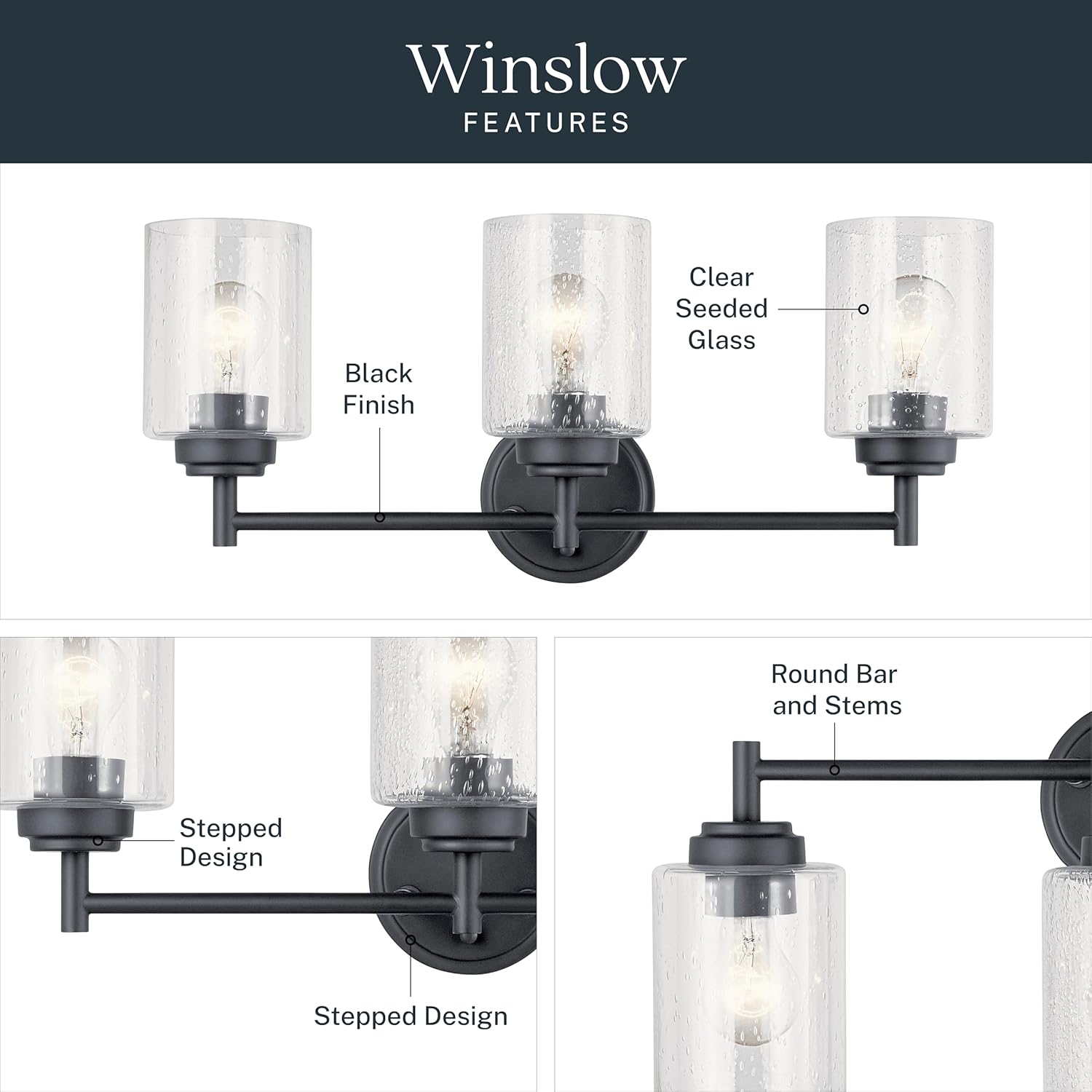Kichler Winslow 21.5" 3-Light Bathroom Vanity Light Fixture with Clear Seeded Glass in Black, Modern Wall Mount Lighting for Mirror over Vanity in Bathroom, 45886BK