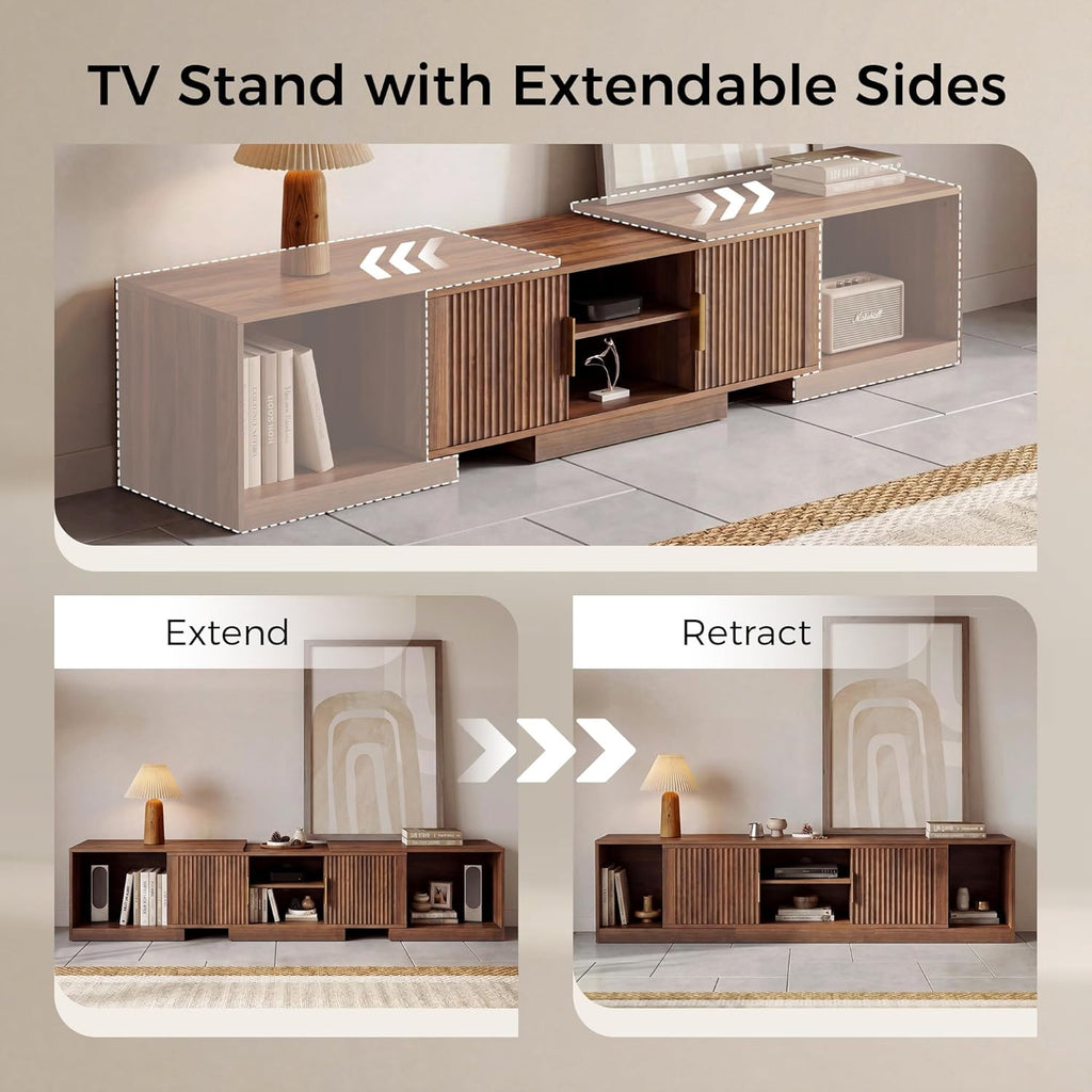 IRONCK TV Stand for 55-80 Inches TVs, 63"-84.6" Adjustable Length, Extendable Corner Entertainment Center with Storage Cabinets, Fluted Doors Modern Media Console, Ideal for Living Room, Walnut