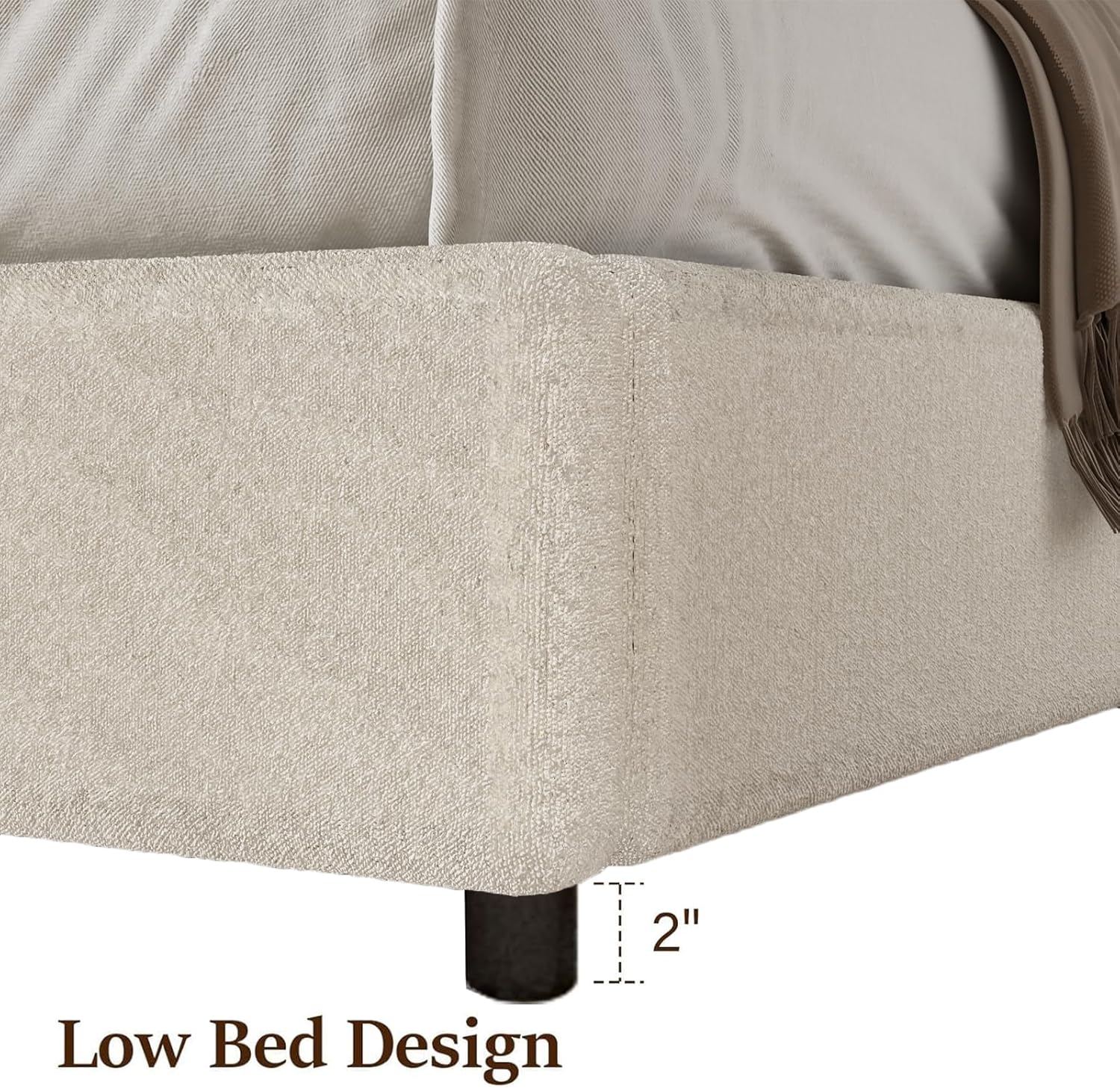 REVOMINCA Queen Bed Frame, Boucle Upholstered Platform Bed Frame with Rounded Corners, Soft Bedframe with Round Headboard, No Box Spring Required, Easy Assembly, White
