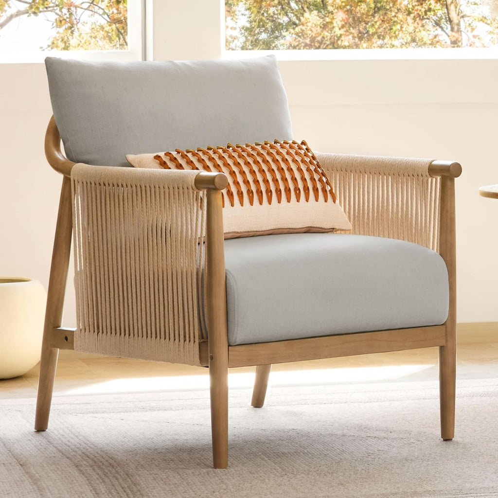 CHITA Braid Accent Chair, Modern Armchair with Solid Wooden Armrest for Living Room and Bedroom, Boho Reading Chair, Light Grey