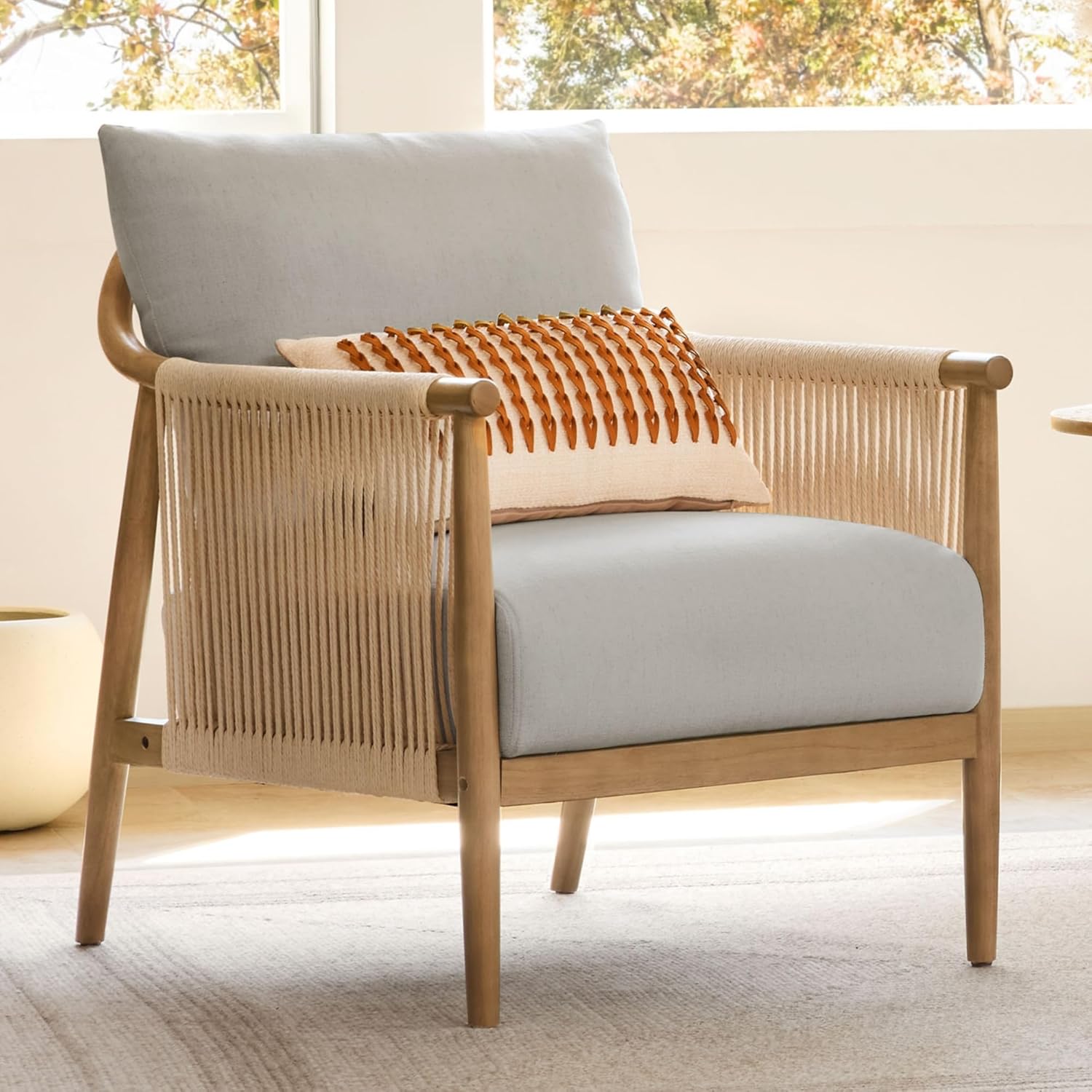 CHITA Braid Accent Chair, Modern Armchair with Solid Wooden Armrest for Living Room and Bedroom, Boho Reading Chair, Light Grey