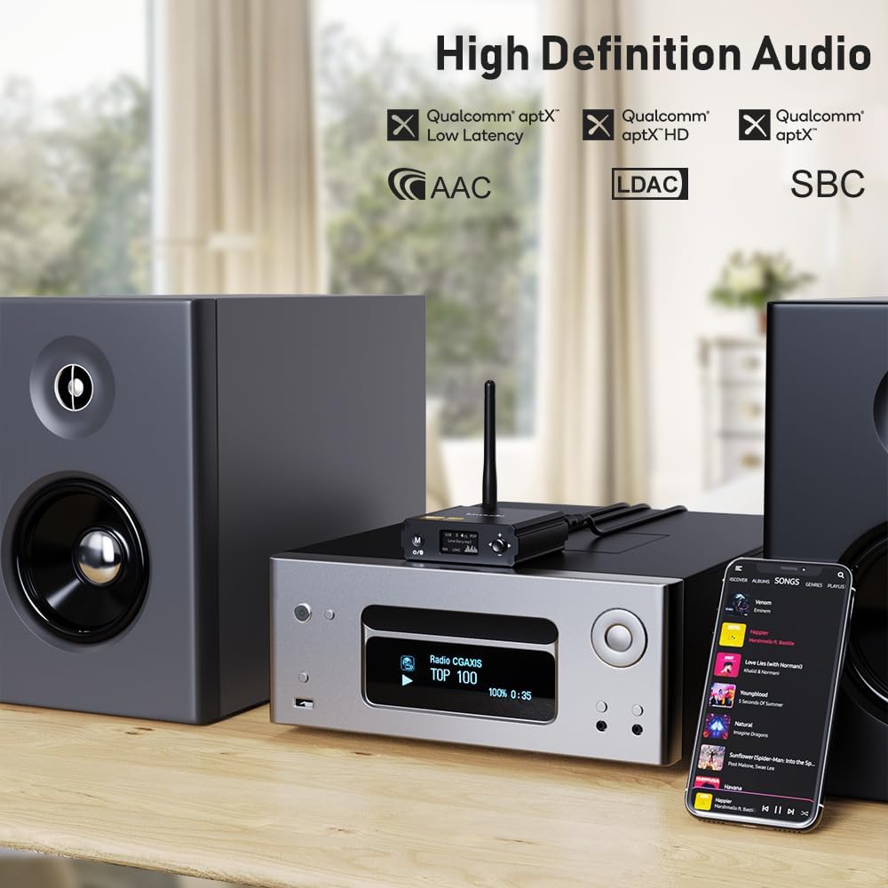 1Mii DS220 Hi-Res HiFi Bluetooth Receiver for Home Stereo, LDAC & aptX HD Wireless Music Receiver with Audiophile DAC, Optical/RCA Outputs for Amplifier & AV Receiver, OLED Display, 7 EQ Modes