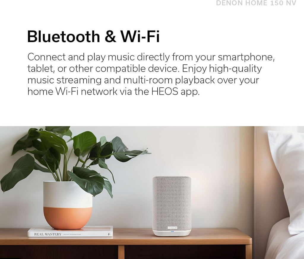 Denon Home 150 NV Home Stereo Wireless Speaker (White), Bluetooth Wireless, 1" Tweeter, 3.5" Woofer, HEOS Built-in, AirPlay 2, Multi-Room Streaming, Simple Setup, Compact Design