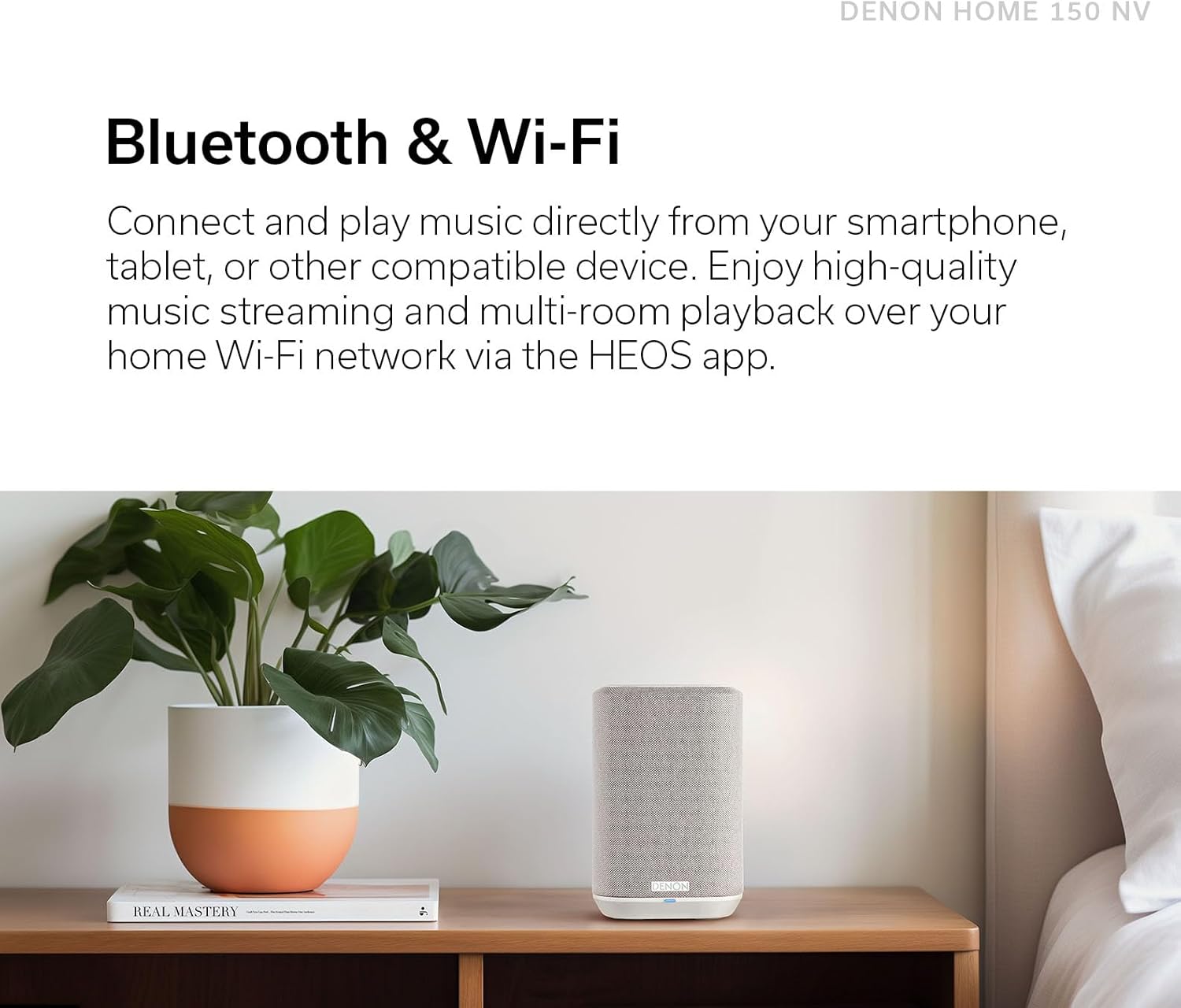 Denon Home 150 NV Home Stereo Wireless Speaker (White), Bluetooth Wireless, 1" Tweeter, 3.5" Woofer, HEOS Built-in, AirPlay 2, Multi-Room Streaming, Simple Setup, Compact Design