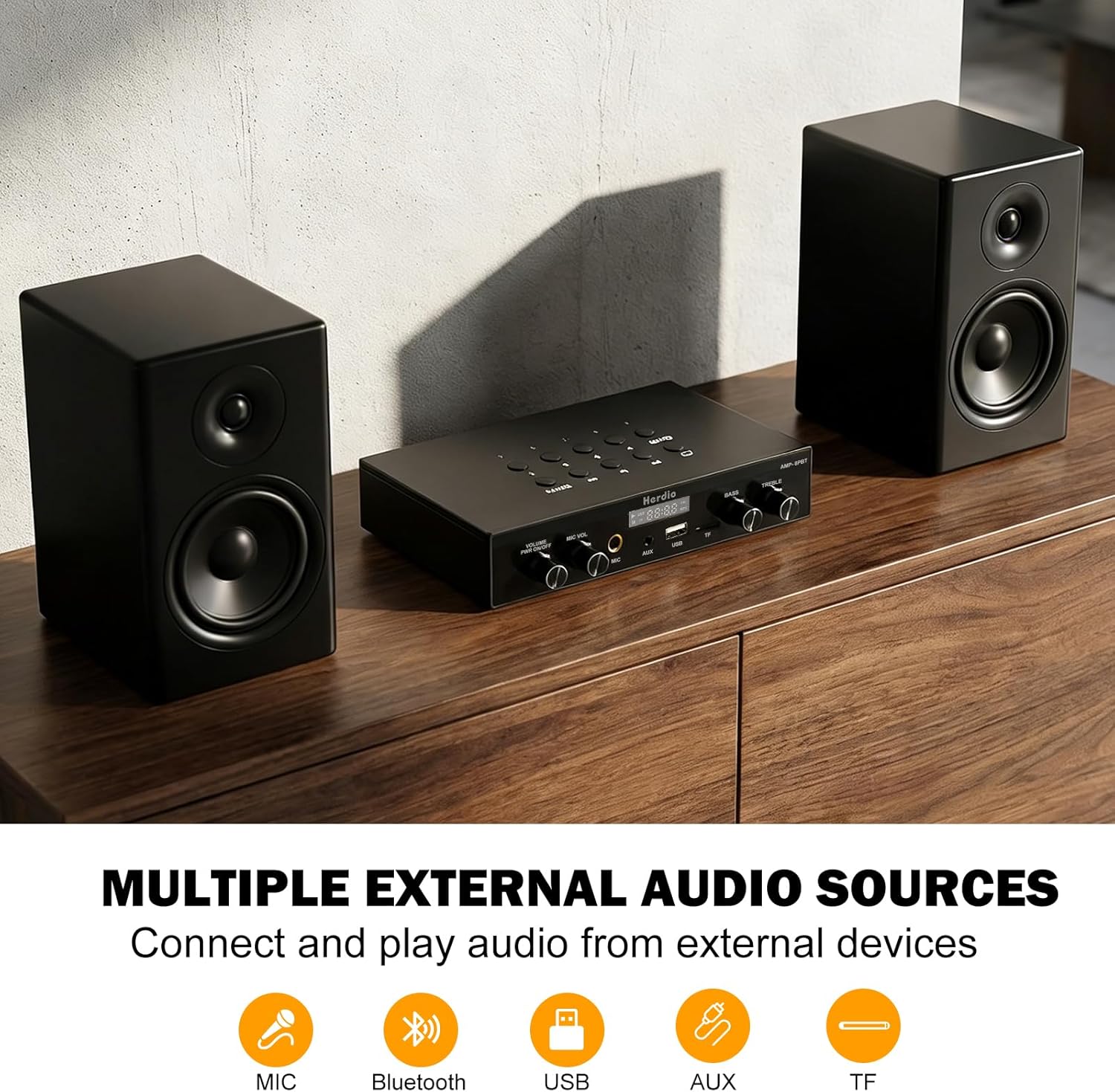 Herdio Bluetooth 5.4 Stereo Audio Amplifier Receiver - 60W Peak Power x 8 Channel with USB/TF/AUX/MIC Inputs, Bass/Treble Control, 4 Zone Independent Power Control for Multi-Room Home Audio System