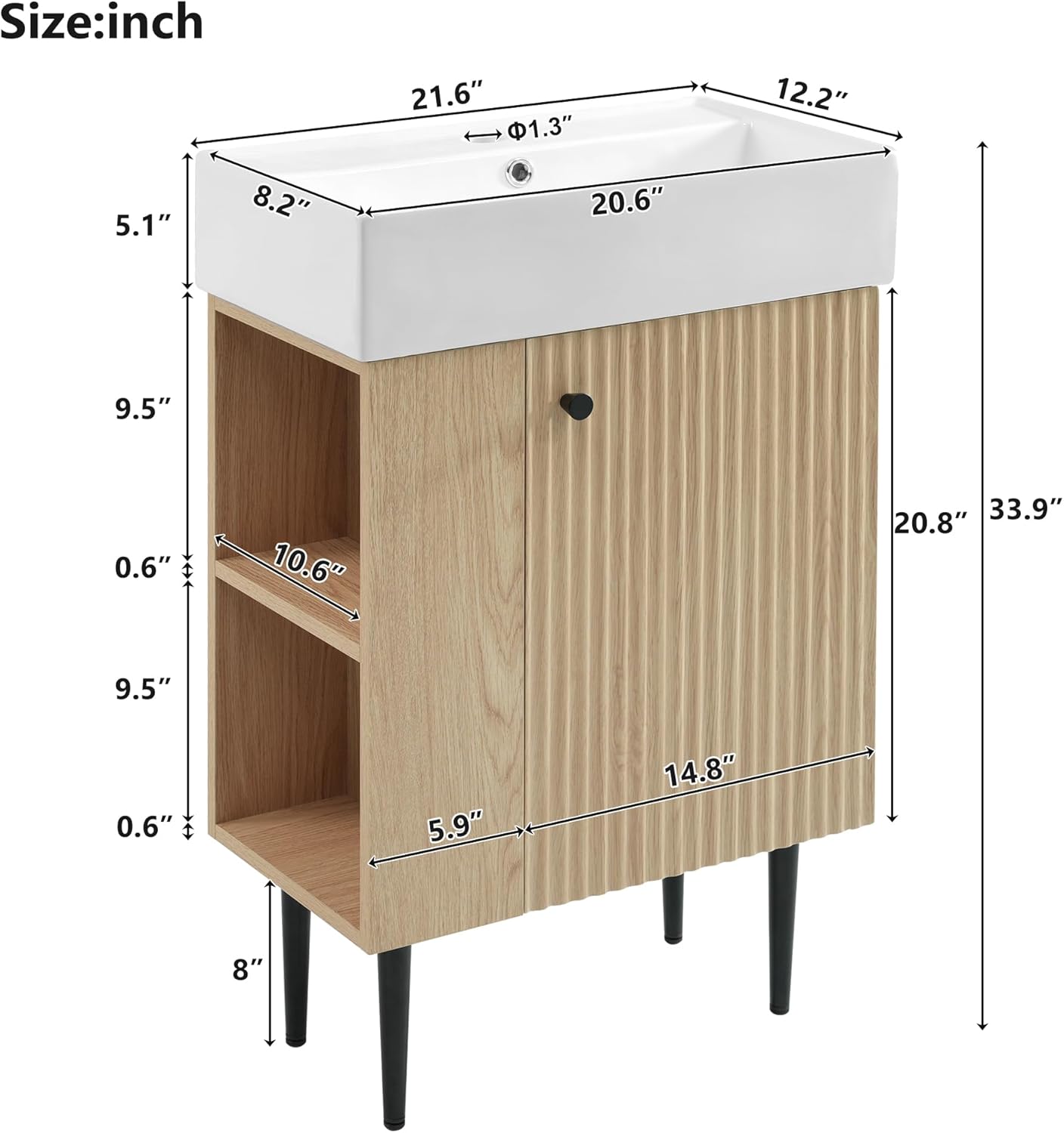 Merax 20 Inch Bathroom Vanity with Sink, Narrow Depth Bathroom Vanities,Wood Vanity Cabinet,Soft Closing Door,Freestanding Sink Cabinet W/Open Side Shelves, Oak