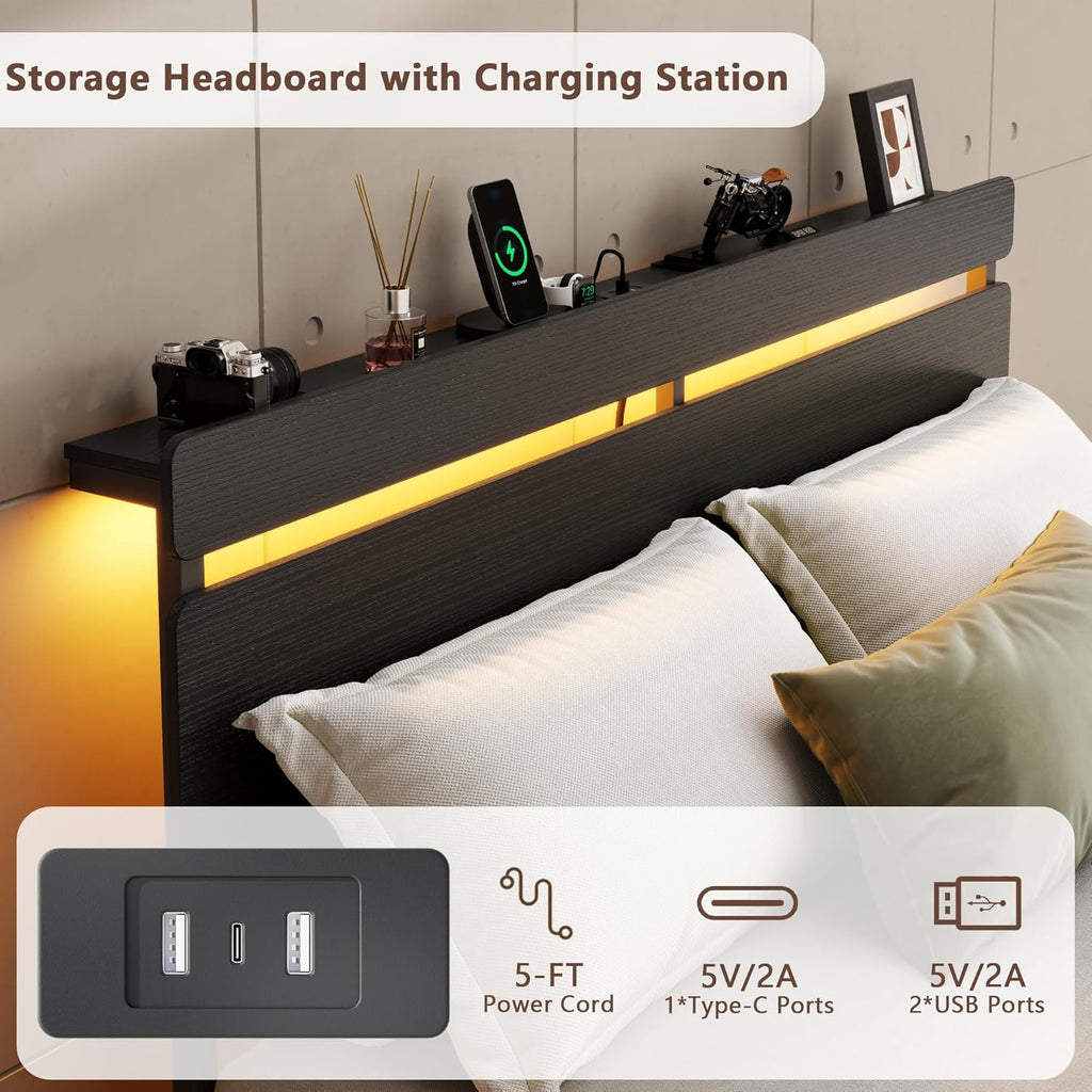 Forestell Queen Bed Frame with Wood Headboard, Black Platform Bed with 2 Storage Drawers & Shelf, Built-in Charging Station & LED Lights, Metal Support, No Box Spring Needed, Cama Queen Size