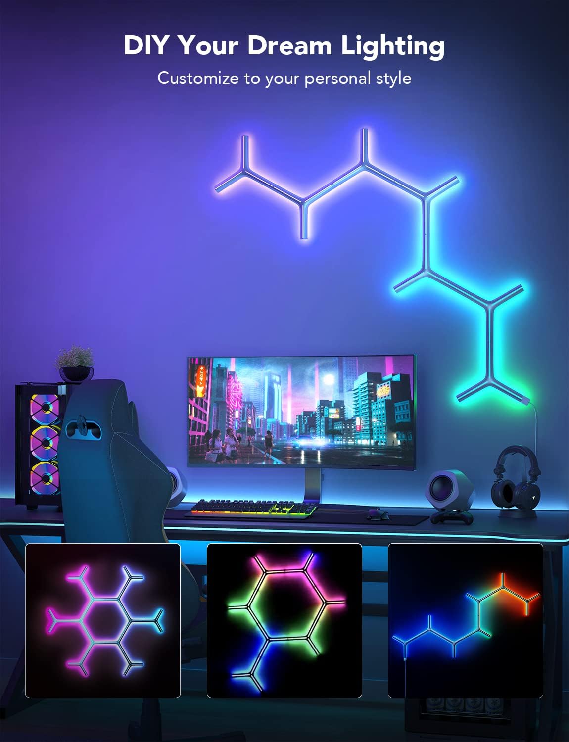 Govee Glide Y RGBIC LED Wall Lights, Smart Wi-Fi Gaming Lights with Music Sync, DIY and Timer Feature, LED Lights for Gaming Room, Wall Light 7 Pack