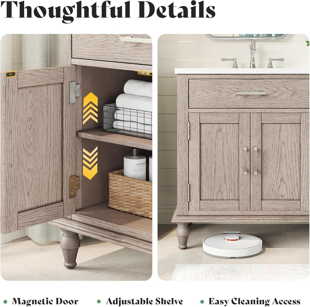 AMERLIFE 60" Solid Oak Double Sink Bathroom Vanity with Sink Combo, Antique Grey Oak Vanity Cabinet with Drawers & Adjustable Shelves, Easy Assembly
