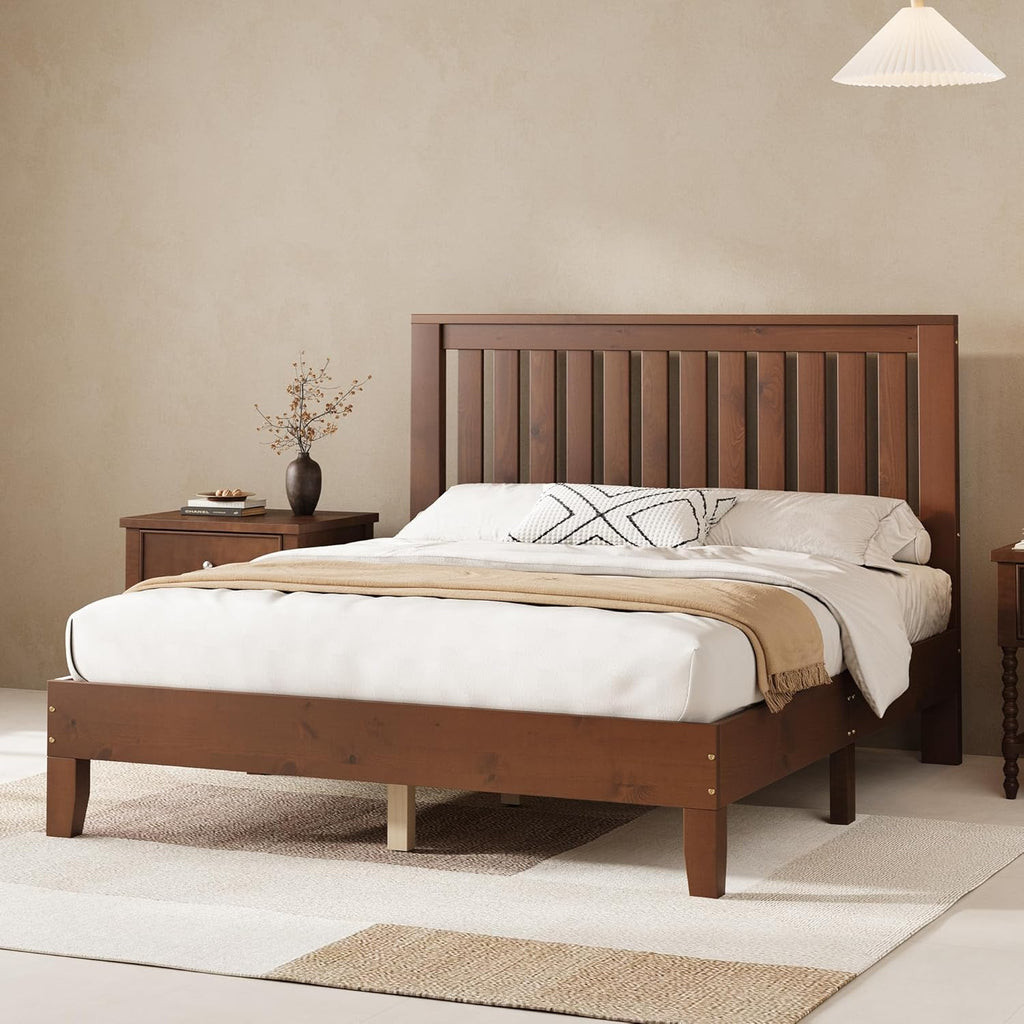 AMERLIFE Queen Bed Frame, Solid Wood Platform Bed with Vertical Slats Headboard, Wooden Bedframe Queen-Size, Sturdy Wooden Slats Support, No Box Spring Needed, Noise Free, Walnut