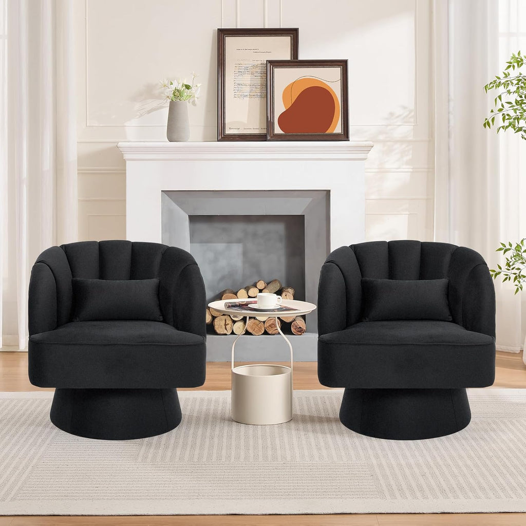 Garvee Ultra-Plush Swivel Accent Chair, 360° Barrel Lounge Chair with Cloud-Like Padding & Modern Striped Backrest, Velvet Upholstered Round Armchair for Living, Bedroom Reading Nook - Black