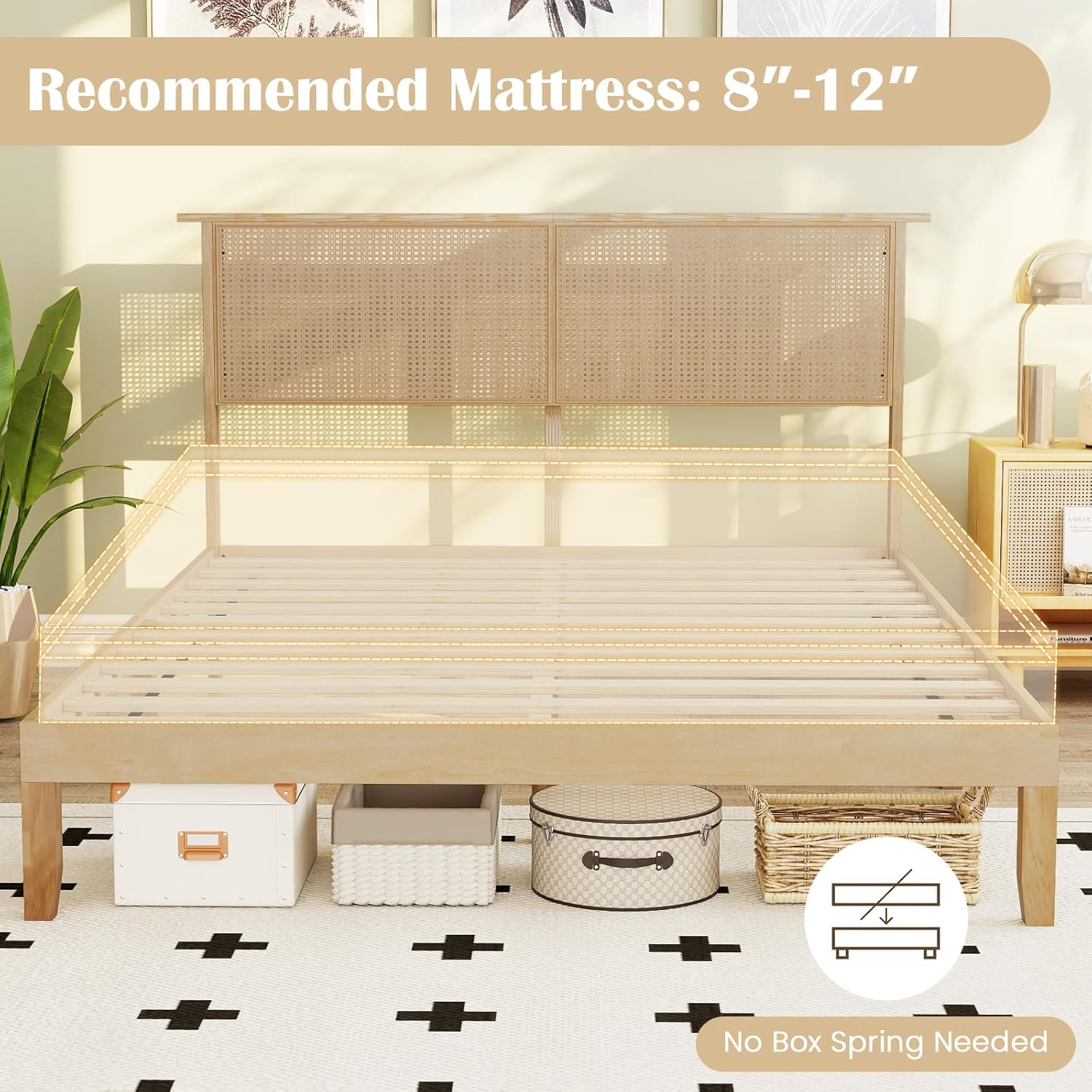 Giantex Rattan Queen Bed Frame, Boho Platform Bed with Natural Wicker Headboard, Solid Wood Foundation & Support Slats, Under-Bed Storage, Queen Size Bedframe for Adults, No Box Spring Needed