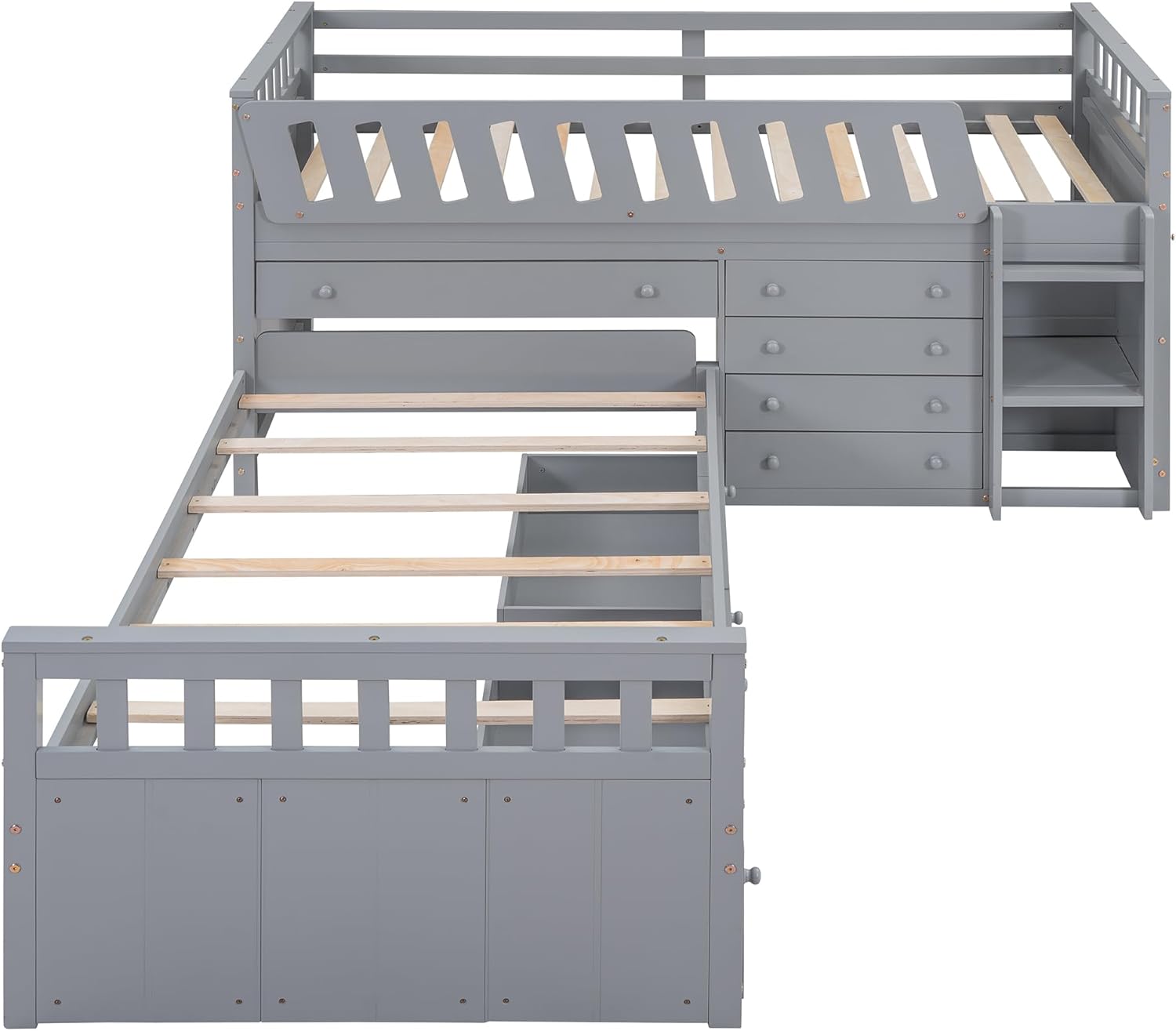 Merax L-Shaped Space-Saving Twin Loft and Twin Platform Bed with 7 Storage Drawers and Full Guardrails, Solid Wooden Bedframe for Boys Girls Adult, No Spring Box Needed, Grey