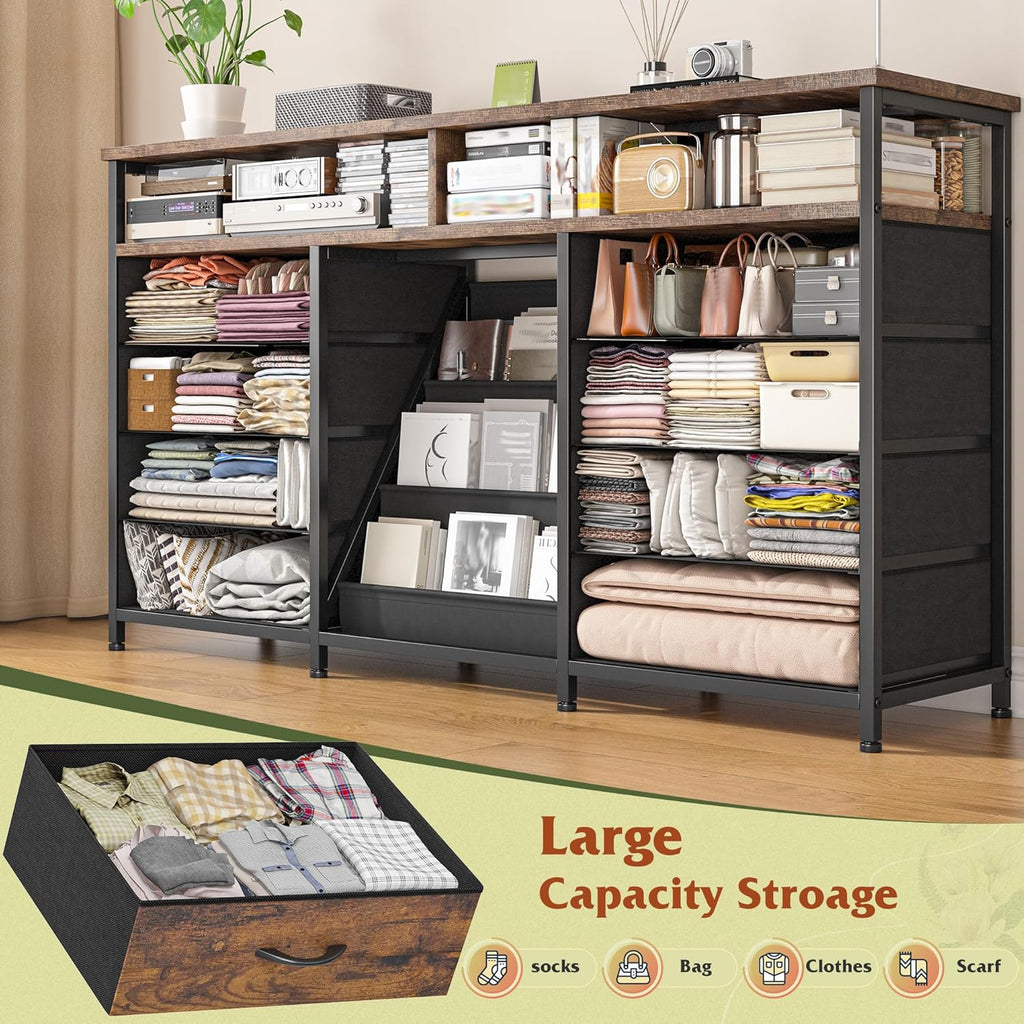 EnHomee 55 ” W Dresser for Bedroom with Bookrack & 8 Fabric Drawers, Dresser TV Stand with Power Outlet & LED Lights for 65 Inch TV, Chest of Drawers for Cabinet, Entryway,Rustic Brown