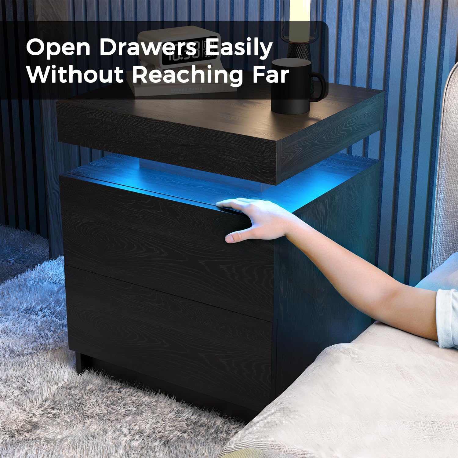 LED Nightstands Set of 2, Modern Black Night Stand End Tables with APP & Remote Control LED Lighting, 2 Drawers, Open Shelf Storage, Bedside Tables for Bedroom and Living Room