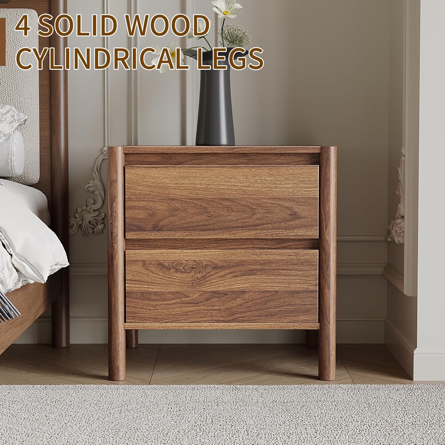 CHUWELL 3-Piece Bedroom Dresser Set-9 Drawer Dresser & 2 Nightstands,47" Wide Walnurt Dresser and Night Stands with Solid Wood Cylindrical Legs,Rustic Wooden Storage for Bedroom