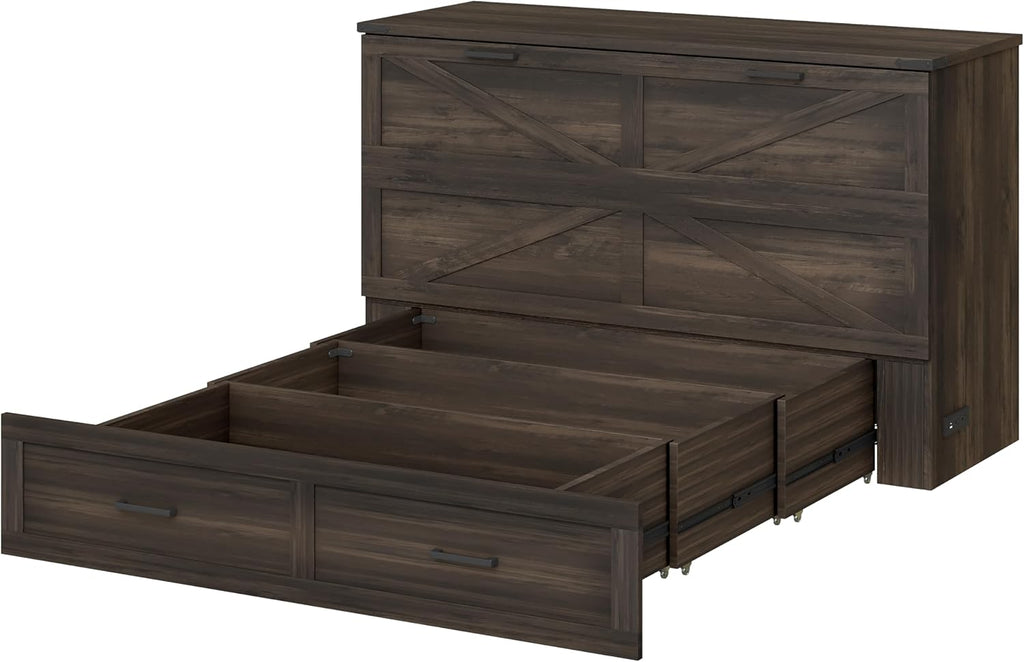 Bellemave Queen Murphy Bedframe, Cabinet Bed with Charging Station and Storage, Farmhouse Murphy Cabinet with Foldable Panel, Noisy Free, for Guest Bedroom, Living Room, Office, Rustic Gray