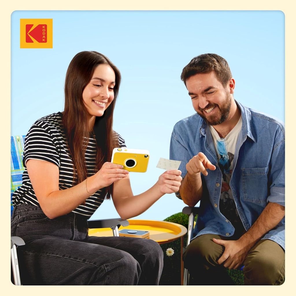 Kodak Printomatic+ Instant Print Digital Camera Starter Bundle + Carrying Case (Blue) + Zink 20pk Sticky-Back Photo Paper - 10MP, Full-Color Photos, GB LED Status Indicator - Yellow